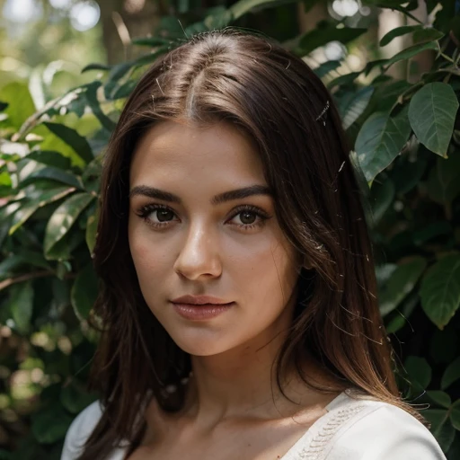 Retrato em close-up de um belo modelo profissional com brilho, Encantadores olhos verdes, Cabelos cacheados e escuros, um olhar sedutor, mas inocente, e pele realista. She's looking directly into the camera. There&#39;s a shadow cast on your face from some foliage. studio lighting. Plano de fundo com profundidade de campo. 8K resolution.