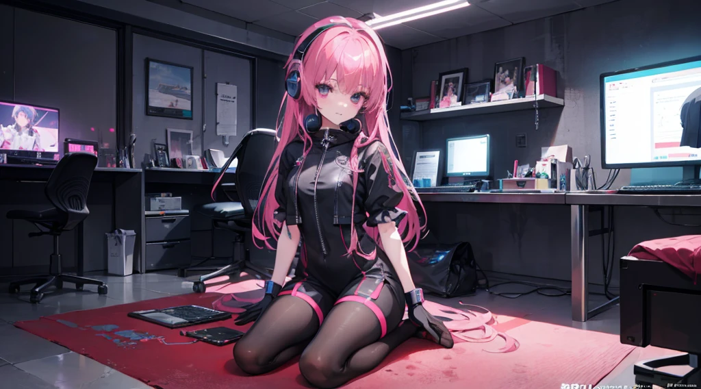 mitsukasa ayas，cyber punk perssonage, , Digital punk, Anime style 4k, Short-sleeved game suit,Pink Long Hair, computer room, Gaming headset overhead，black pantyhoses，black glove。