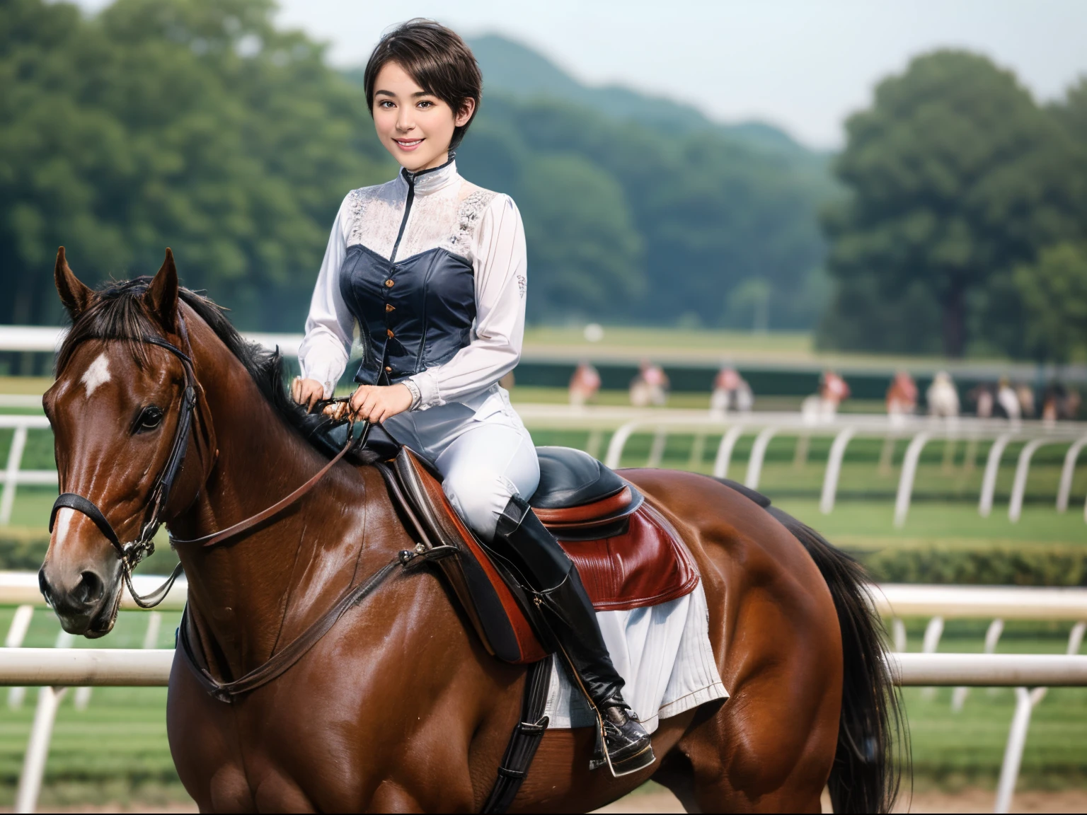 98
(a 20 yo woman,is standing), (A hyper-realistic), (high-level image quality), ((short-hair:1.46)), (Gentle smile), (Keep your mouth shut), (Riding a horse), (ride horse、Horse racing、carriage)