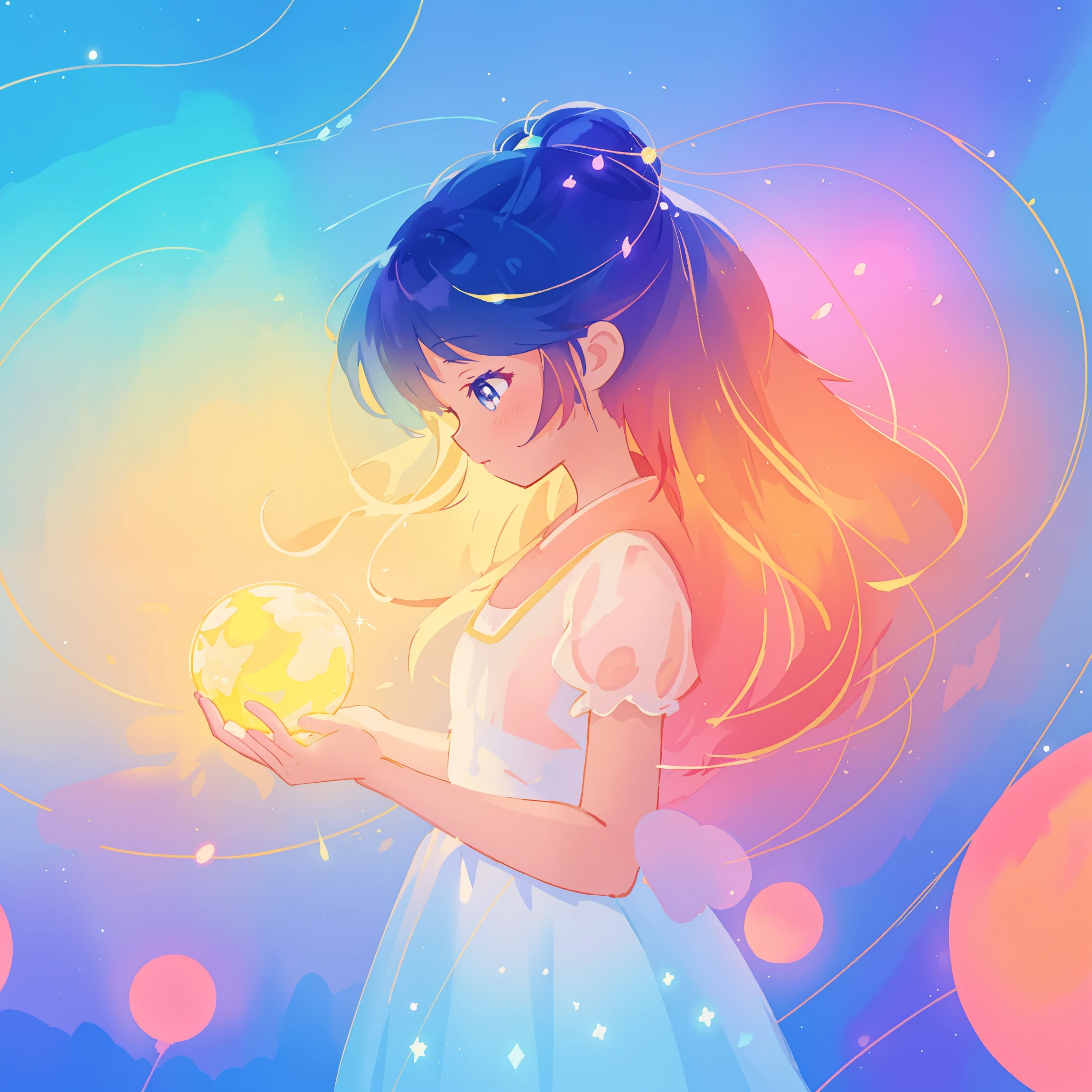 beautiful girl in sparkling white dress holding a glowing gold orb, glowing ballgown, long colorful hair, colorful fantasia background, watercolor illustration, disney art style, glowing aura around her, glowing lights, beautiful digital illustration, fantasia otherworldly landscape plants flowers, beautiful, masterpiece, best quality, anime disney style