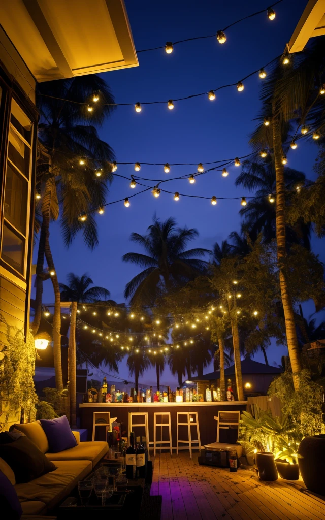 Living room, chill vibes, small alcohol bar, sound system in the background, house party, ultra-realistic, party atmosphere, late evening sunset, -humorous, relaxing environment, view of the backyard, nightclub atmosphere, dark lighting, low lighting, dim lights, -trees