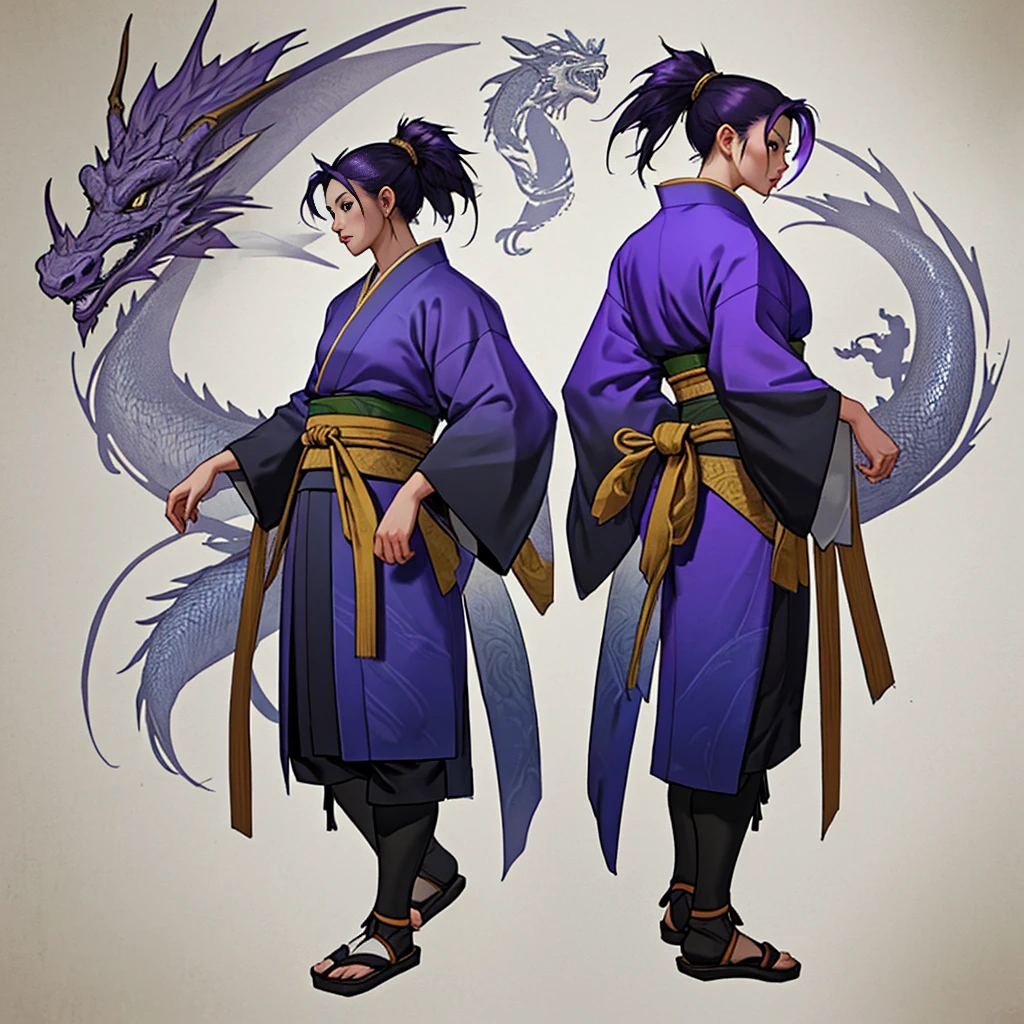 Sexy Asian warrior girl. Wearing kimono . Black and purple hair. Dragon armor motif. I'm the style of mortal Kombat. Concept art using wing chun martial arts. Show full body front and back.