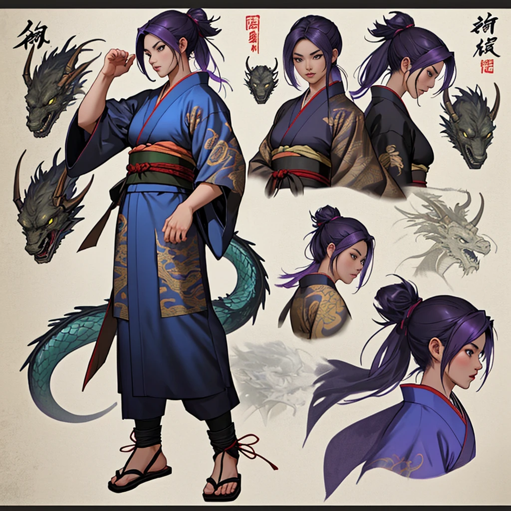 Sexy Asian warrior girl. Wearing kimono . Black and purple hair. Dragon armor motif. I'm the style of mortal Kombat. Concept art using wing chun martial arts. Show full body front and back.