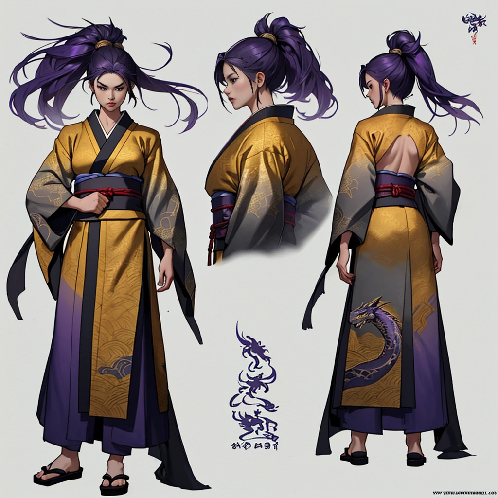 Sexy Asian warrior girl. Wearing kimono . Black and purple hair. Dragon armor motif. I'm the style of mortal Kombat. Concept art using wing chun martial arts. Show full body front and back.