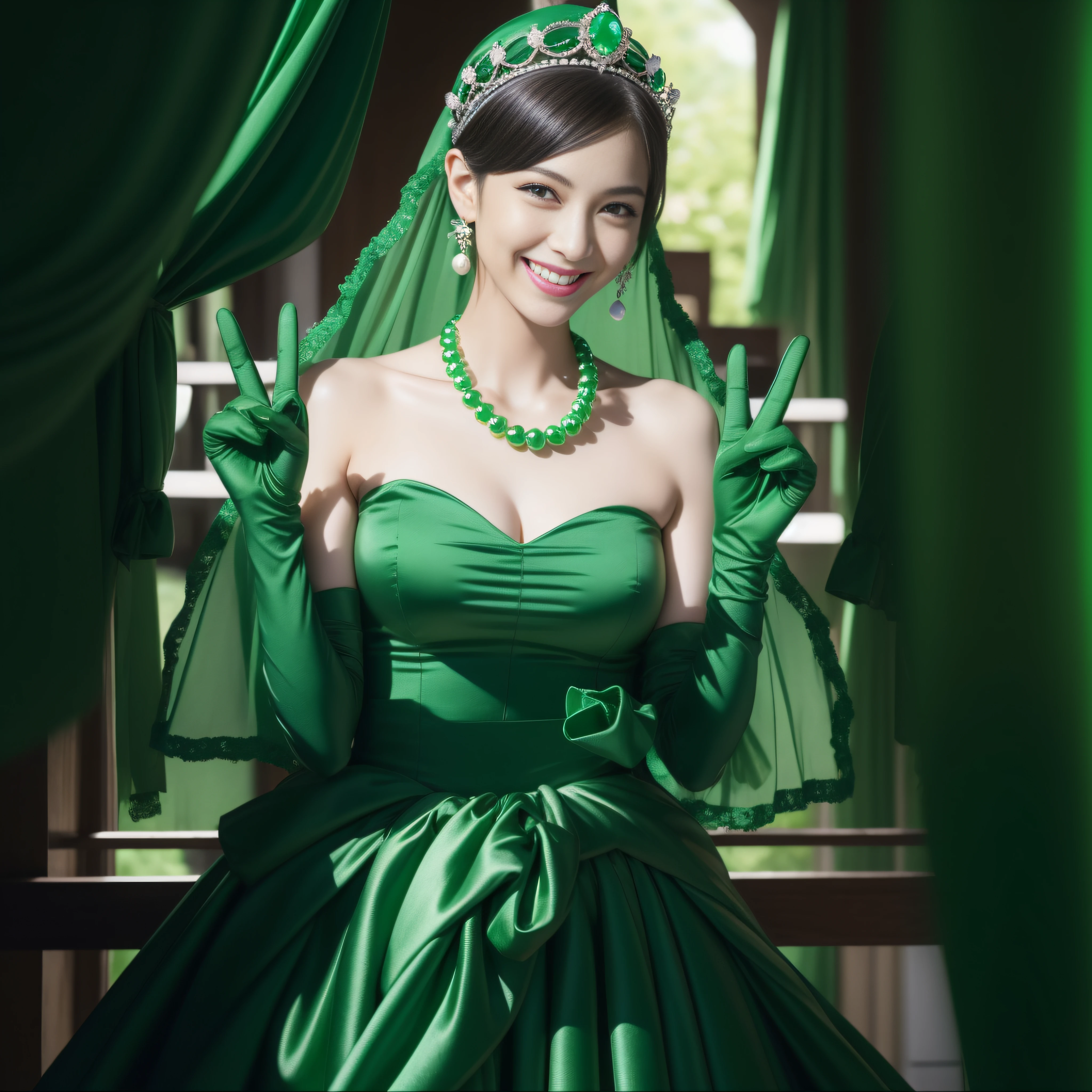 emerald tiara, Green Pearl Necklace, Boyish very short green hair, lipsticks, Japan woman smiling, very short short hair, big breasts beautiful, Green eyes, Long green gloves made of satin material, Green eyes, v sign,V-sign with both hands, Emerald Earrings