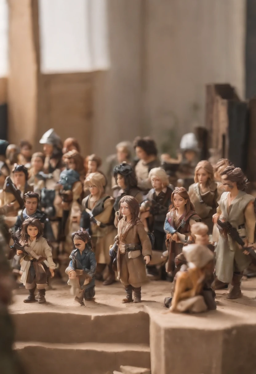 A photo of a collection of anime figurines arranged in a battle formation, with a small DIY cardboard city backdrop.,original,skinny, bad skin, long hair, greasy hair, ferrety face, wispy moustache