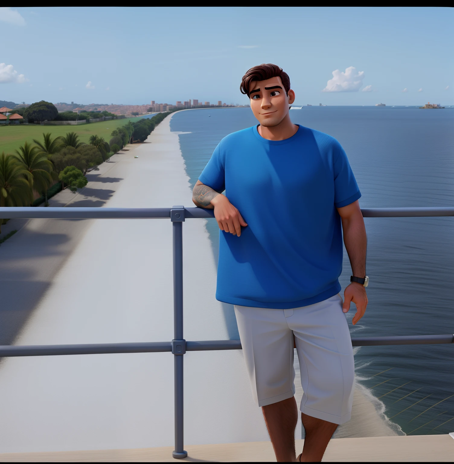 Homem elegante, na casa dos 30 anos na frente de uma barragem , segurado a um corrimao.