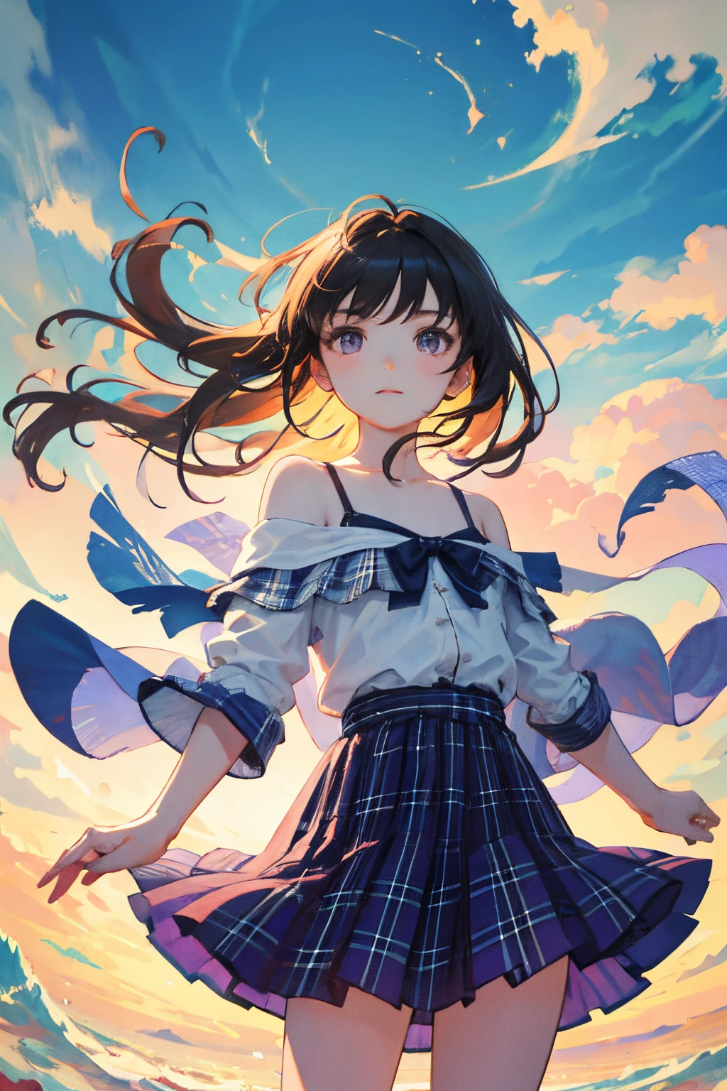 (:1.2),(masterpiece,Highest Quality),shoulder,Purple plaid skirt,A dark-haired,The wind is blowing