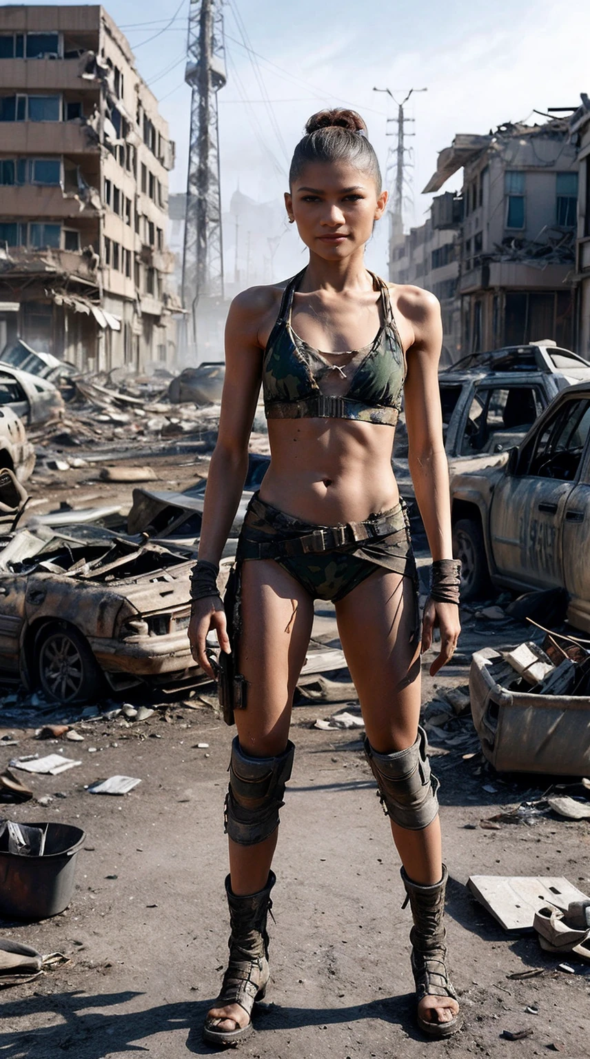 Generate an image featuring Zendaya in a post-apocalyptic setting, exuding a strong and resilient presence. Dress her in a combination of a bikini and tattered military gear, capturing the essence of survival in a destroyed area. The attire should reflect the post-apocalyptic vibe, with Zendaya standing confidently in a textured chignon hairstyle.

Place her within the remnants of a post-apocalyptic city or wasteland, creating a realistic portrayal of the aftermath. Despite the setting, maintain Zendaya's facial features, body size, and height (5'10" or 1.78 m) to ensure a faithful representation.

Emphasize the destroyed clothes, incorporating elements that resonate with a post-apocalyptic Tokyo. Capture the essence of survival, resilience, and strength in Zendaya's expression and posture. The result should be a visually impactful image that combines elements of post-apocalyptic attire with Zendaya's distinct features and a Textured Chignon hairstyle.