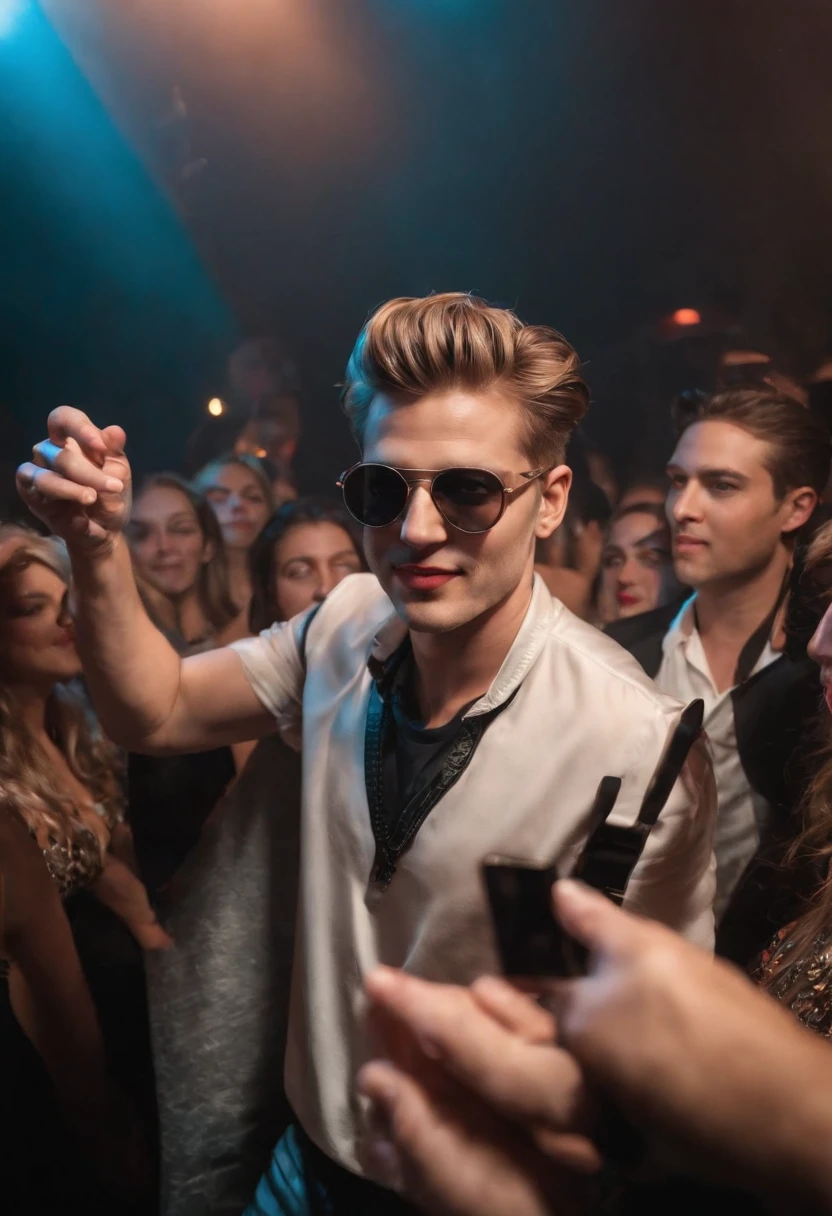 A photo of Zane surrounded by adoring fans, sweat glistening on his face as he commands the DJ booth at an electrifying club night.,original,a flamboyant and notorious DJ, is known for his ostentatious style, often sporting flashy designer outfits, oversized sunglasses, and a constantly changing, bold hairdo, making him a conspicuous figure in the party circuit. His appearance screams excess and indulgence, matching his larger-than-life persona that’s constantly documented and flaunted on social media.