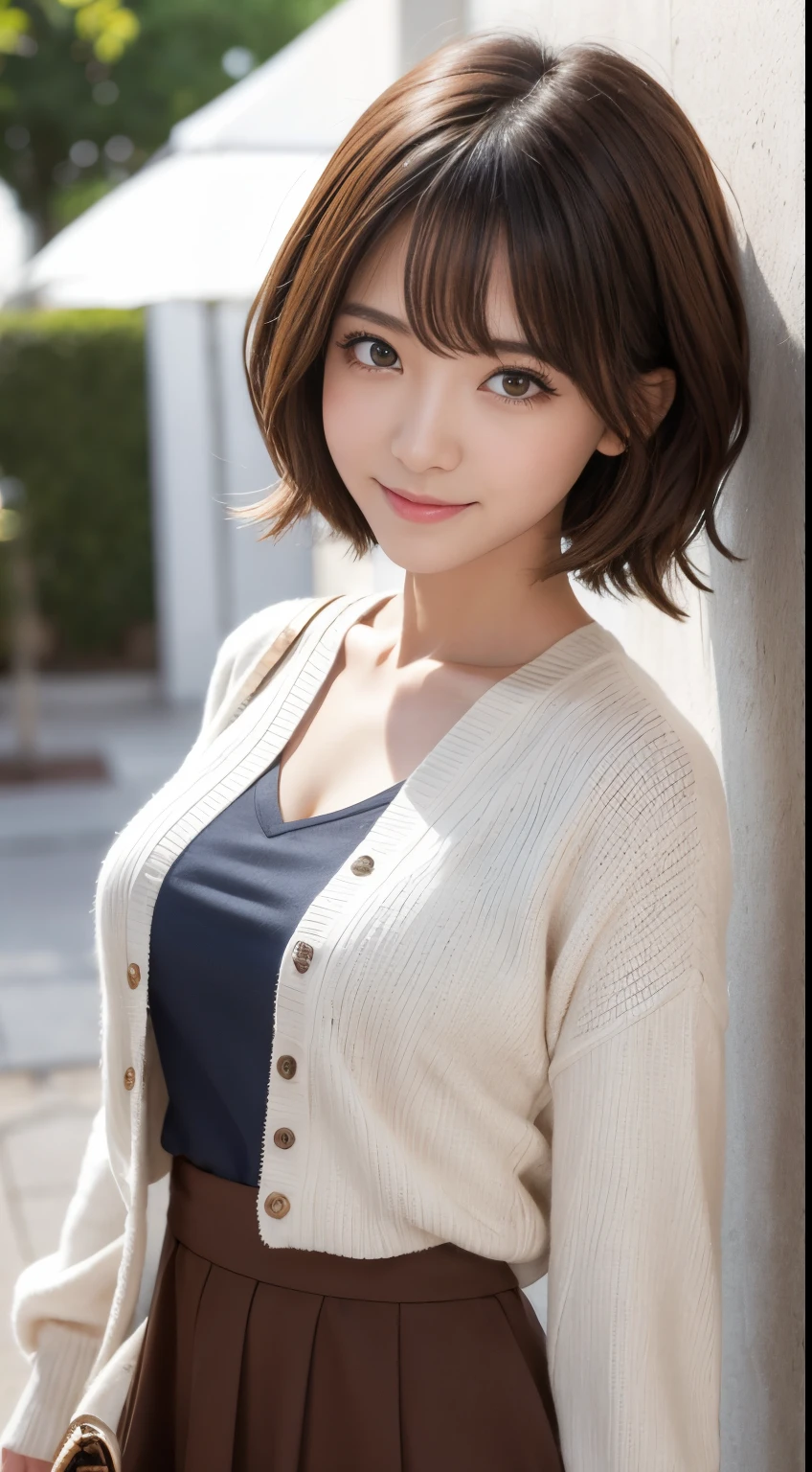 masutepiece, Best Quality, Illustration, Ultra-detailed, finely detail, hight resolution, 8K Wallpaper, Perfect dynamic composition、((From below))、27 year old cute girl、detailed beautiful faces、detailed cute eyes、Textured skin、Smile of embarrassment、Wavy brown short-cut hair、tiny chest、Bold sexy poses、Cardigan for blouses、long skirt、Sidewalks on the boulevard、