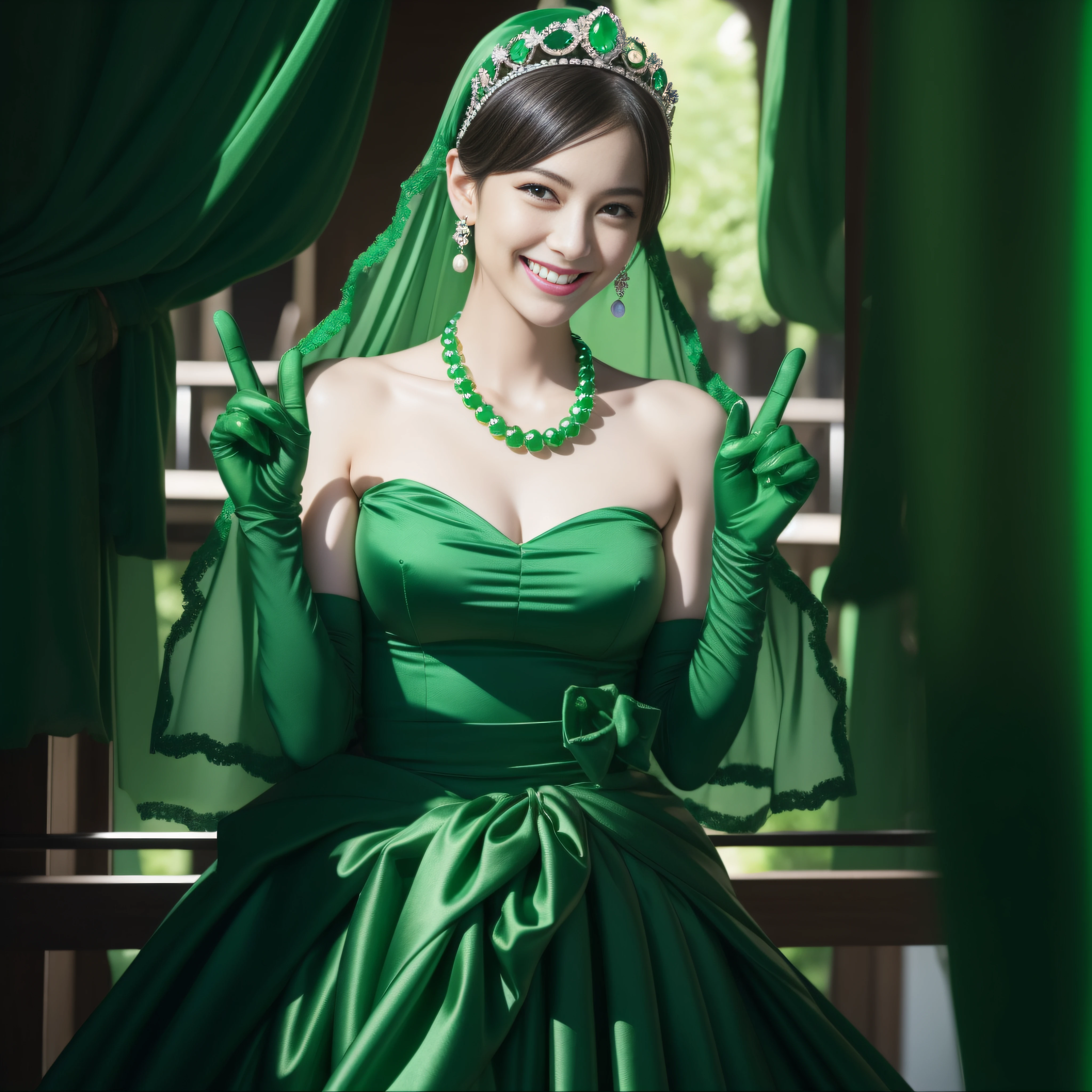 emerald tiara, Green Pearl Necklace, Boyish very short green hair, lipsticks, Japan woman smiling, very short short hair, big breasts beautiful, Green eyes, Long green gloves made of satin material, Green eyes, v sign,V-sign with both hands, Emerald Earrings