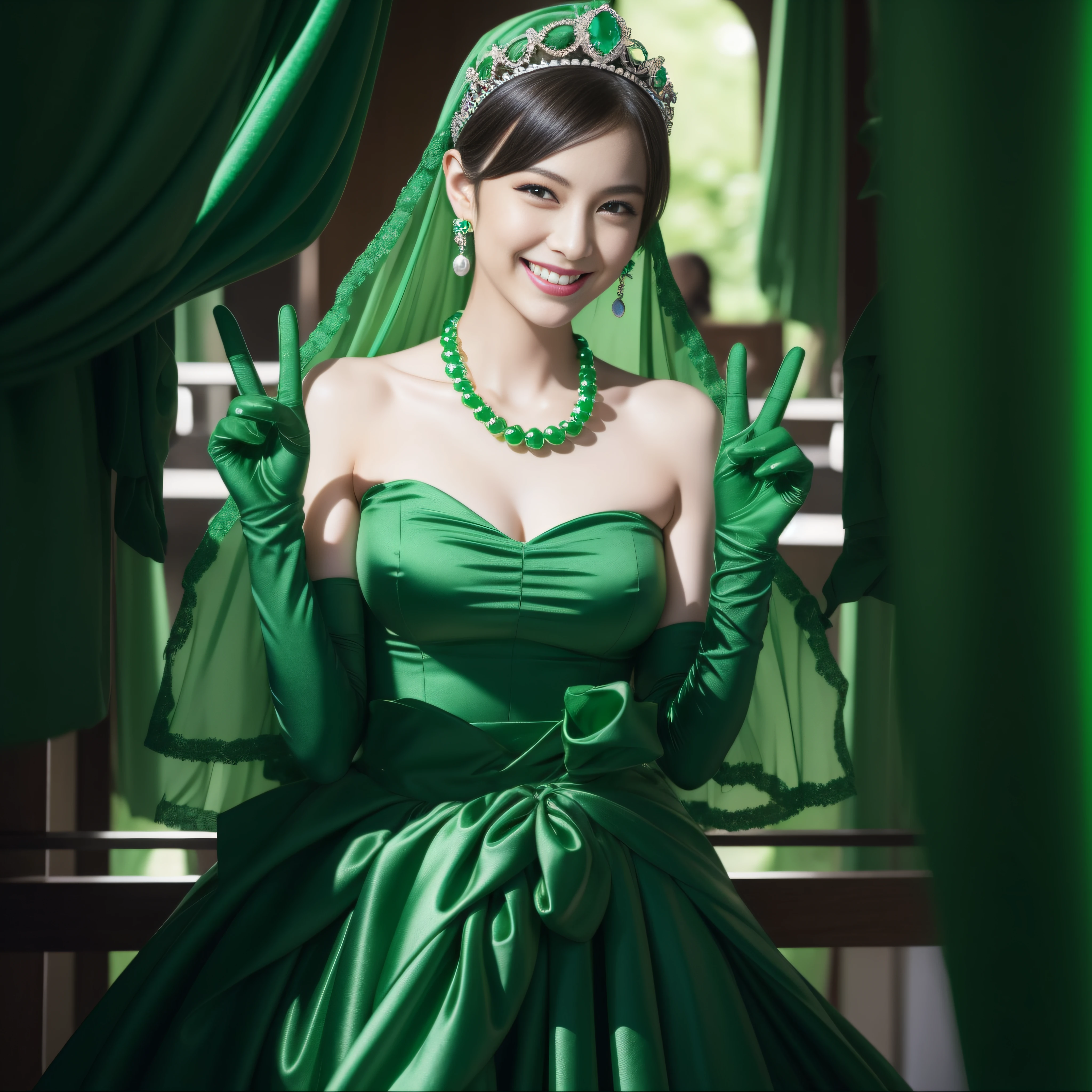 emerald tiara, Green Pearl Necklace, Boyish very short green hair, lipsticks, Japan woman smiling, very short short hair, big breasts beautiful, Green eyes, Long green gloves made of satin material, Green eyes, v sign,V-sign with both hands, Emerald Earrings