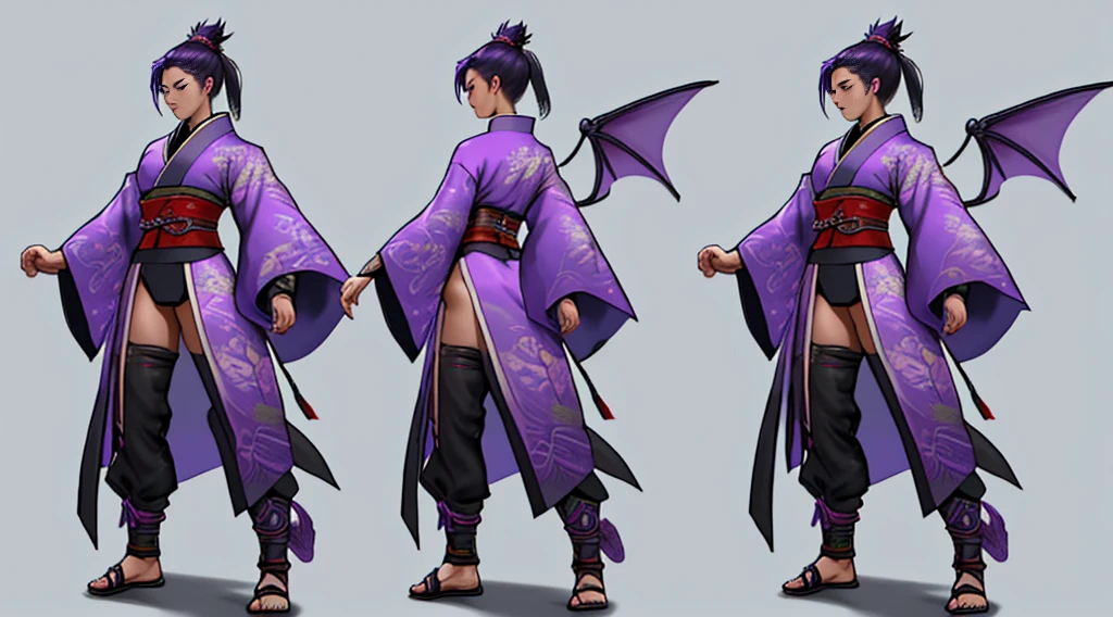 Sexy Asian warrior girl. Wearing kimono . Black and purple hair. Dragon armor motif. I'm the style of mortal Kombat. Concept art using wing chun martial arts. Show full body front and back.. show details. No pants.