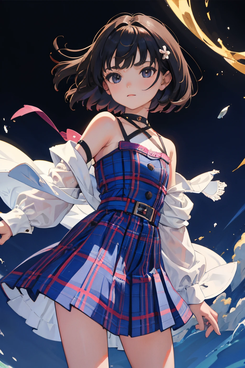 (child:1.2),(masterpiece,Highest Quality),Shoulder,Viola Plaid skirt,A dark-haired,The wind is blowing