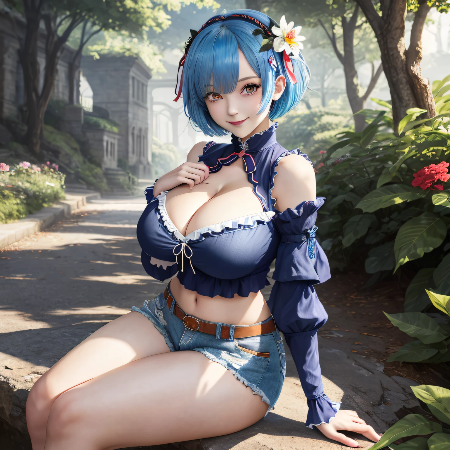 masterpiece, best quality, highres, ram1, 1girl, solo, rem \(re:zero\), blue hair, short hair, red eyes, hair over one eye, ribbon trim, hair ribbon, x hair ornament, frills, crop top white, denim shorts,medium breasts, cleavage, , hair flower, outdoor s, sitting, crossing legs, smile, perfect background, perfect light, (((huge breasts, large breasts, huge bust, cleavage, wide hips, slim waist, thick thighs)))
