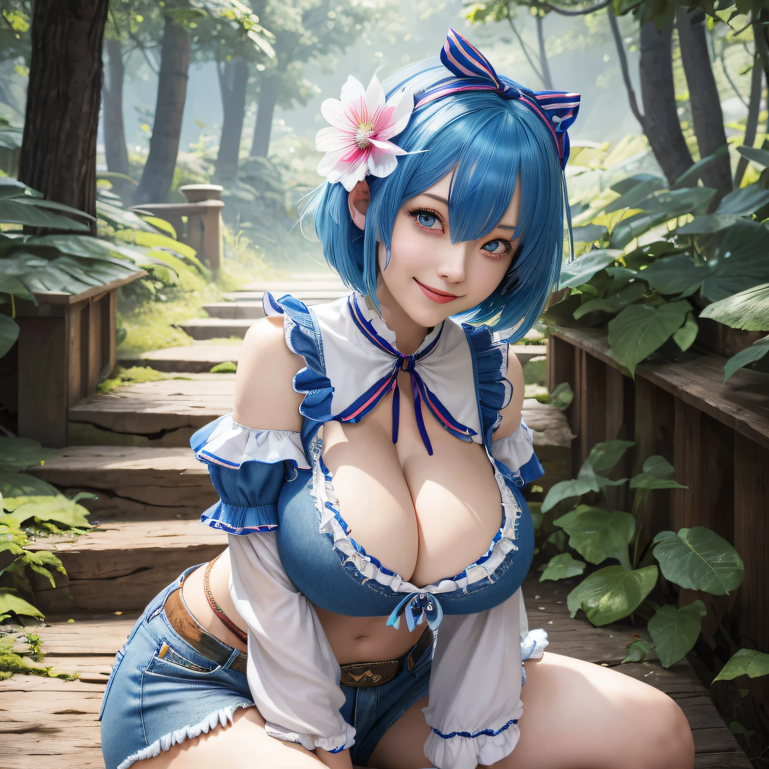 masterpiece, best quality, highres, ram1, 1girl, solo, rem \(re:zero\), blue hair, short hair, red eyes, hair over one eye, ribbon trim, hair ribbon, x hair ornament, frills, crop top white, denim shorts,medium breasts, cleavage, , hair flower, outdoor s, sitting, crossing legs, smile, perfect background, perfect light, (((huge breasts, large breasts, huge bust, cleavage, wide hips, slim waist, thick thighs)))