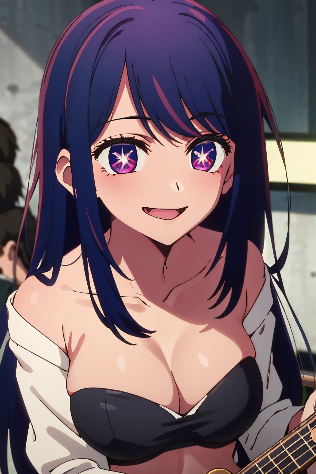 masterpiece、ighly detailed、(1 girl in:1.2)、purple color hair、strapless open shoulder bra、big eye、a closeup、Naughty smile、8K 、Ai Hoshino、Live performance venue、Star Eyes