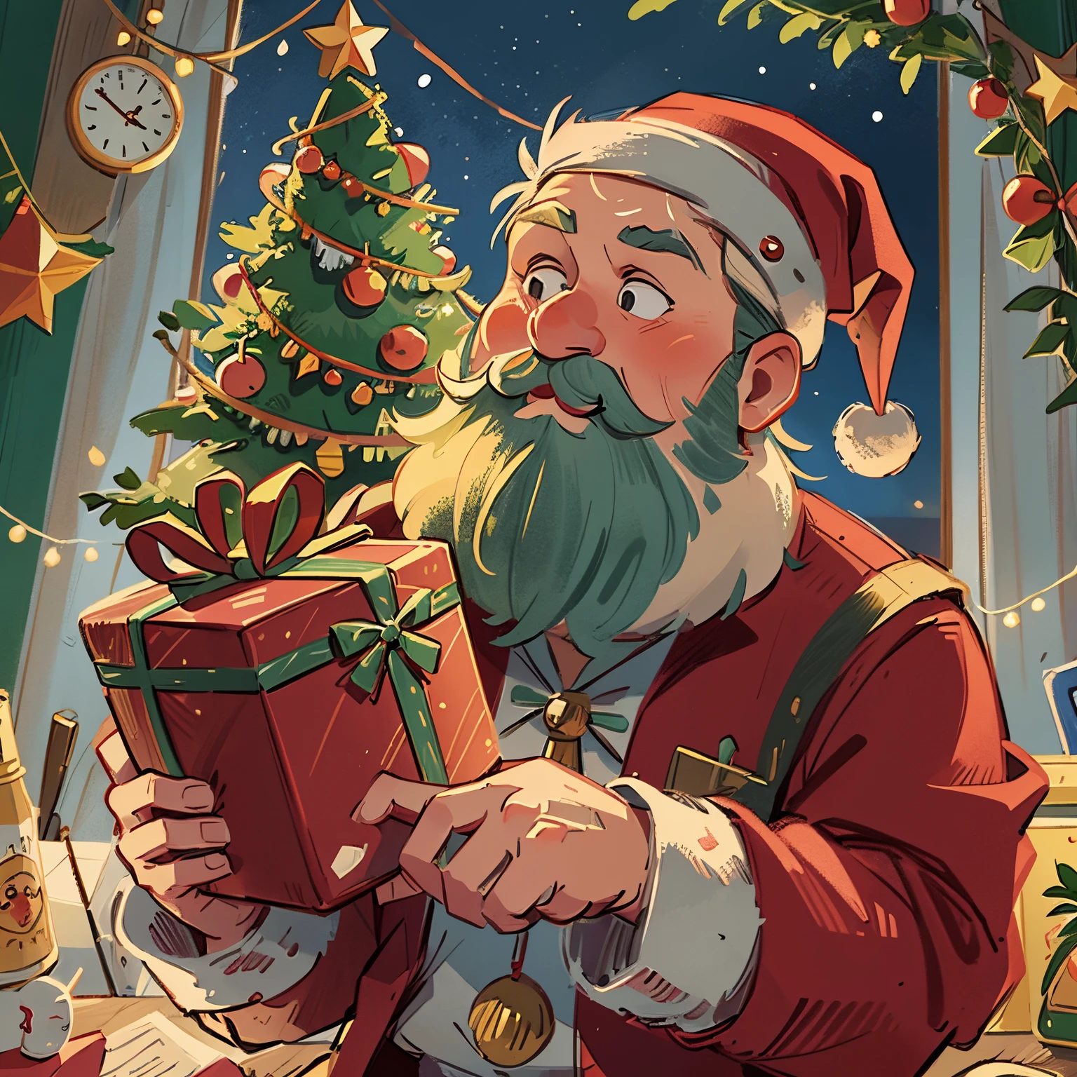A Santa Claus who is giving presents, night, cartoon illustration style, vintage tones, Christmas tree