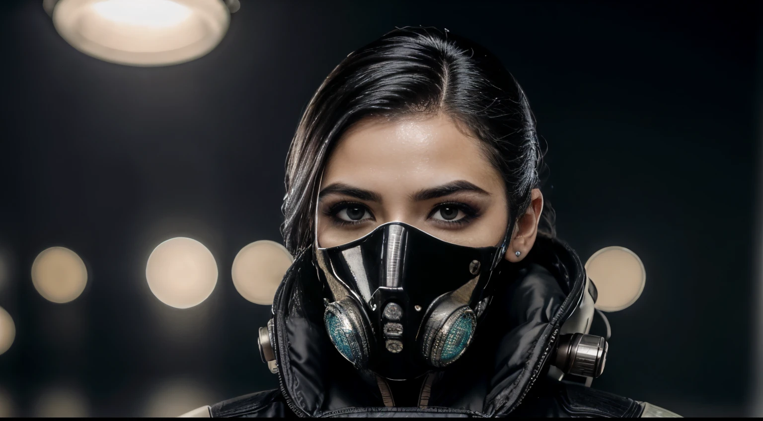 Foto premiada, , Traje cyberpunk, Piel de porcelana agrietada, Un cabello oscuro、 Primer plano, vibrante, Fotorrealistaa, realista, dramatic, turbio, foco nítido, 8k、alto contraste、pose genial、gas mask, Latex-covered face