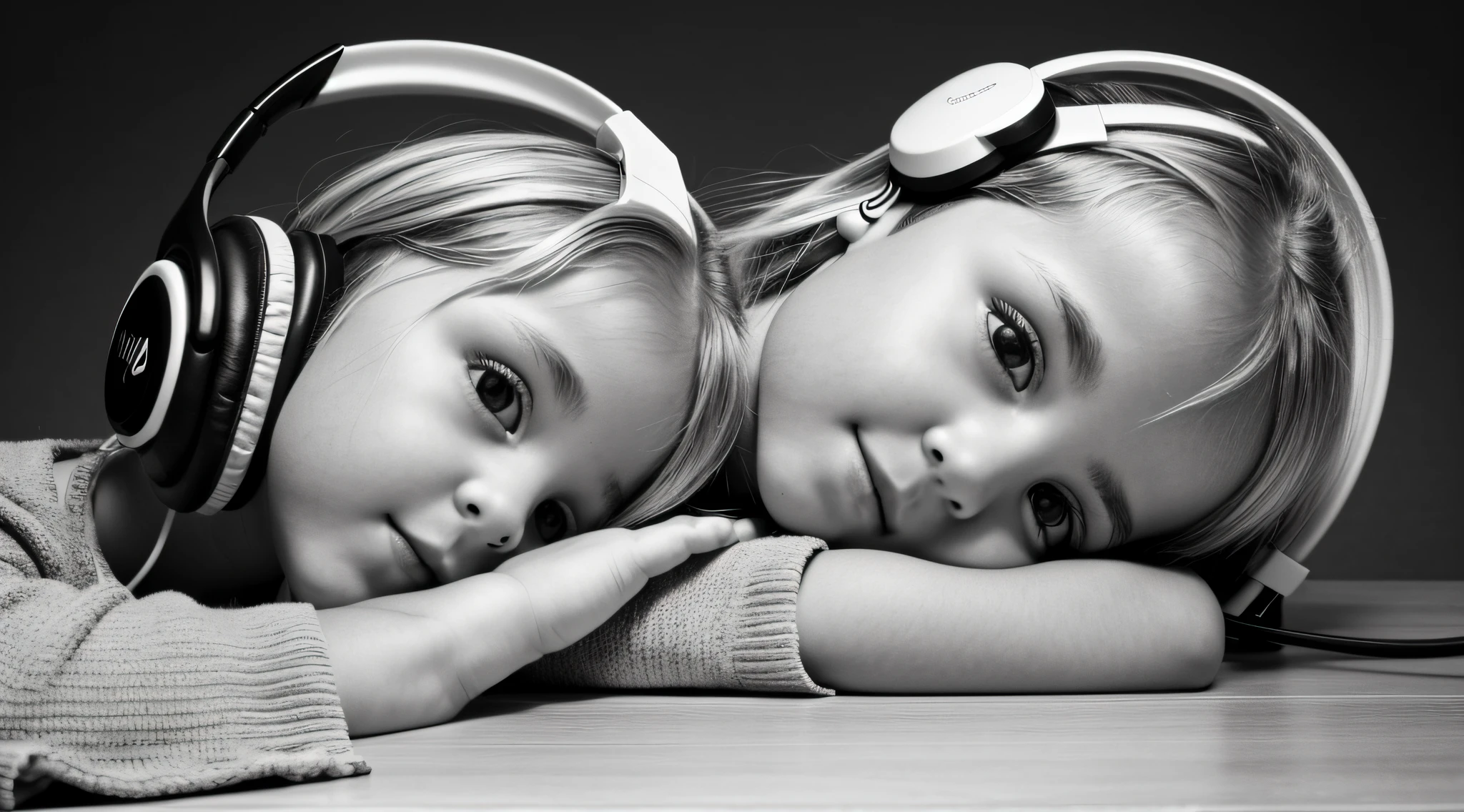 uma foto em black and white de uma CHILD blonde with headphones, ASAS DE ANJO EM CHAMAS , with hands on face.