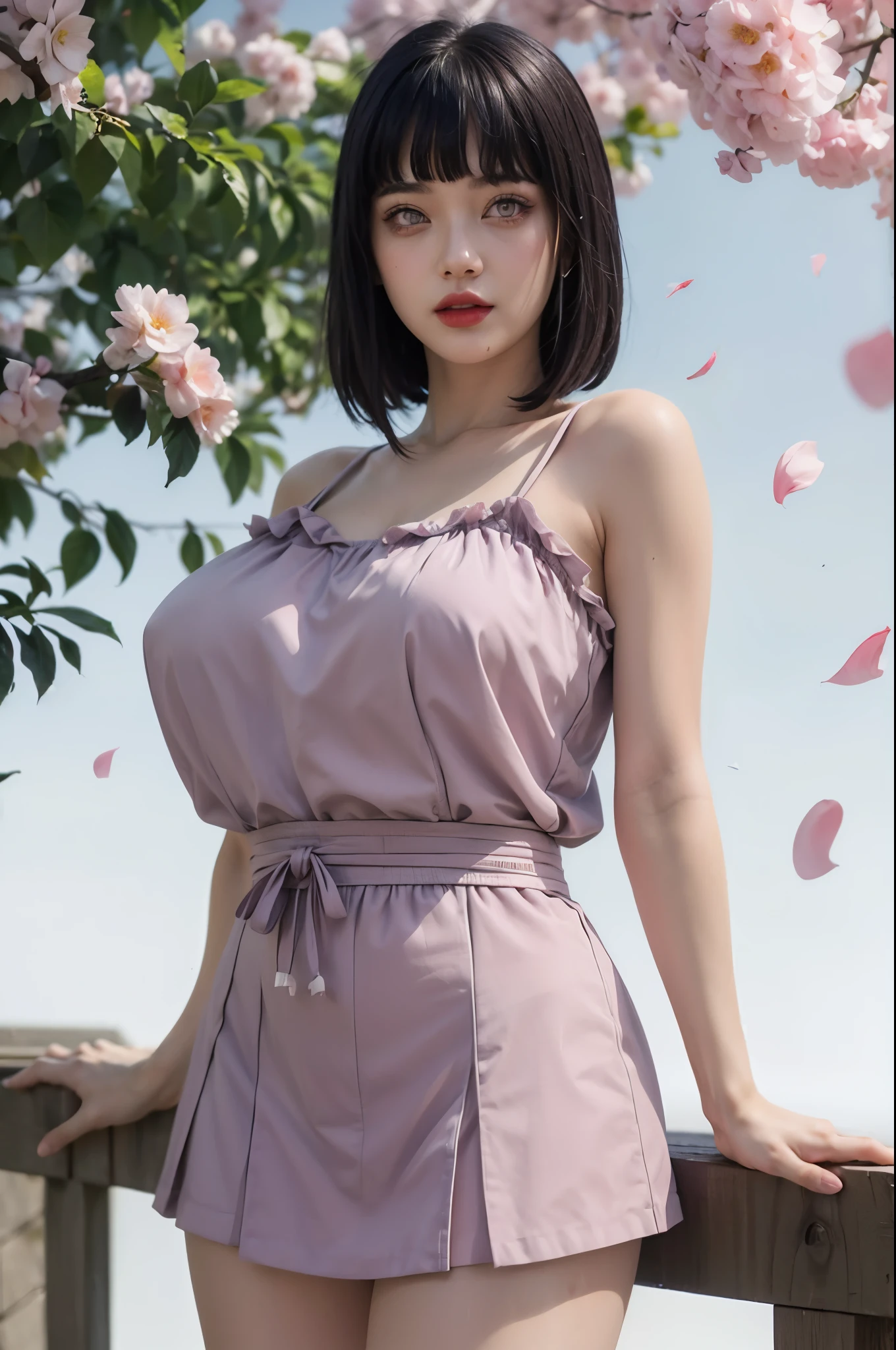 ultra hyper-detailed、hightquality、beste-Qualit、high detailing、Precise illustrations、Pencil drawing、Edge Detection、sharpness、High contrast、Highlight、photoRealstic、cinematiclight、８K、Bright red background、Red gradient background、gradients、Girl with dark skin、beautiful  Girl、Black Dress、Bright red lipstick、Bright red eyeshadow、Red Eyes、Dark hair、short-hair、Bery short hair ,best quality, ultra high ,quality detail ,perffeck charakter , realistic , long hair , face high , eyes real