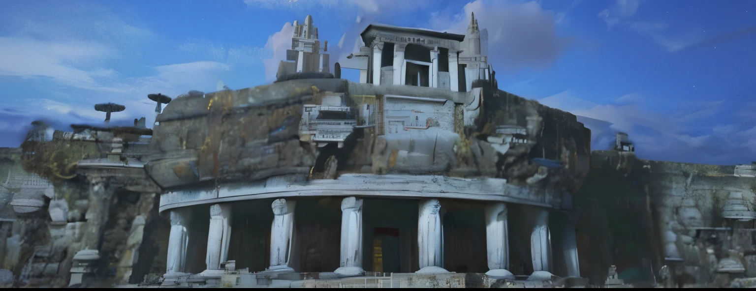 Hay un gran edificio con un reloj en la parte superior, Templo del Sol, cybertronic hindu temple, Misterioso entorno del templo, Ancient biomechanical temple, Exterior del templo de Scifi, monolithic temple, Antiguo templo, Estructuras de tumbas gigantes, alien temple, Antecedentes del templo, Cerca de: Crystal Temple en Atlantis, sien, Arquitectura romana surrealista, Monte Olimpo