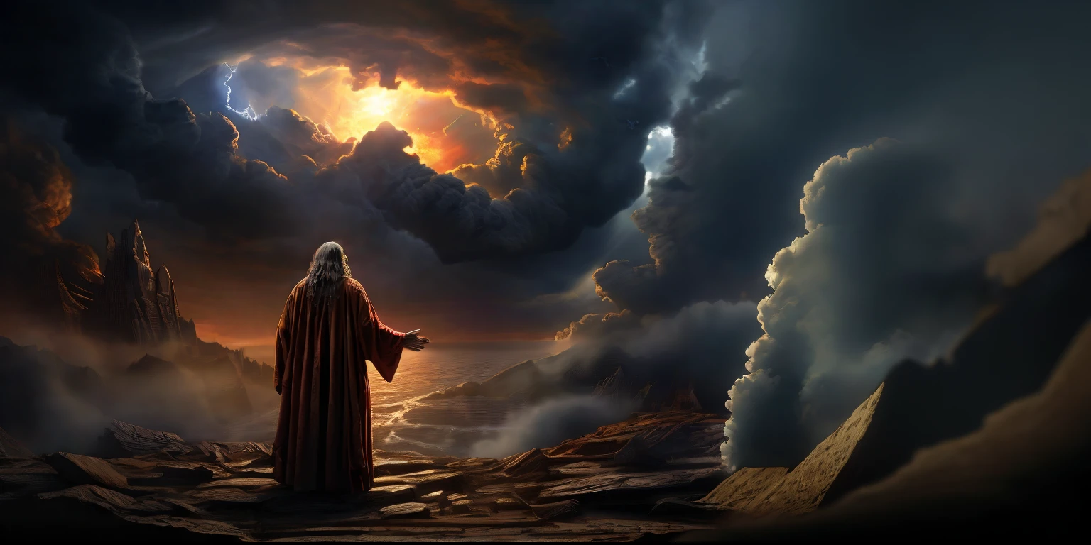 A man in a robe standing on a rocky hill with clouds - SeaArt AI