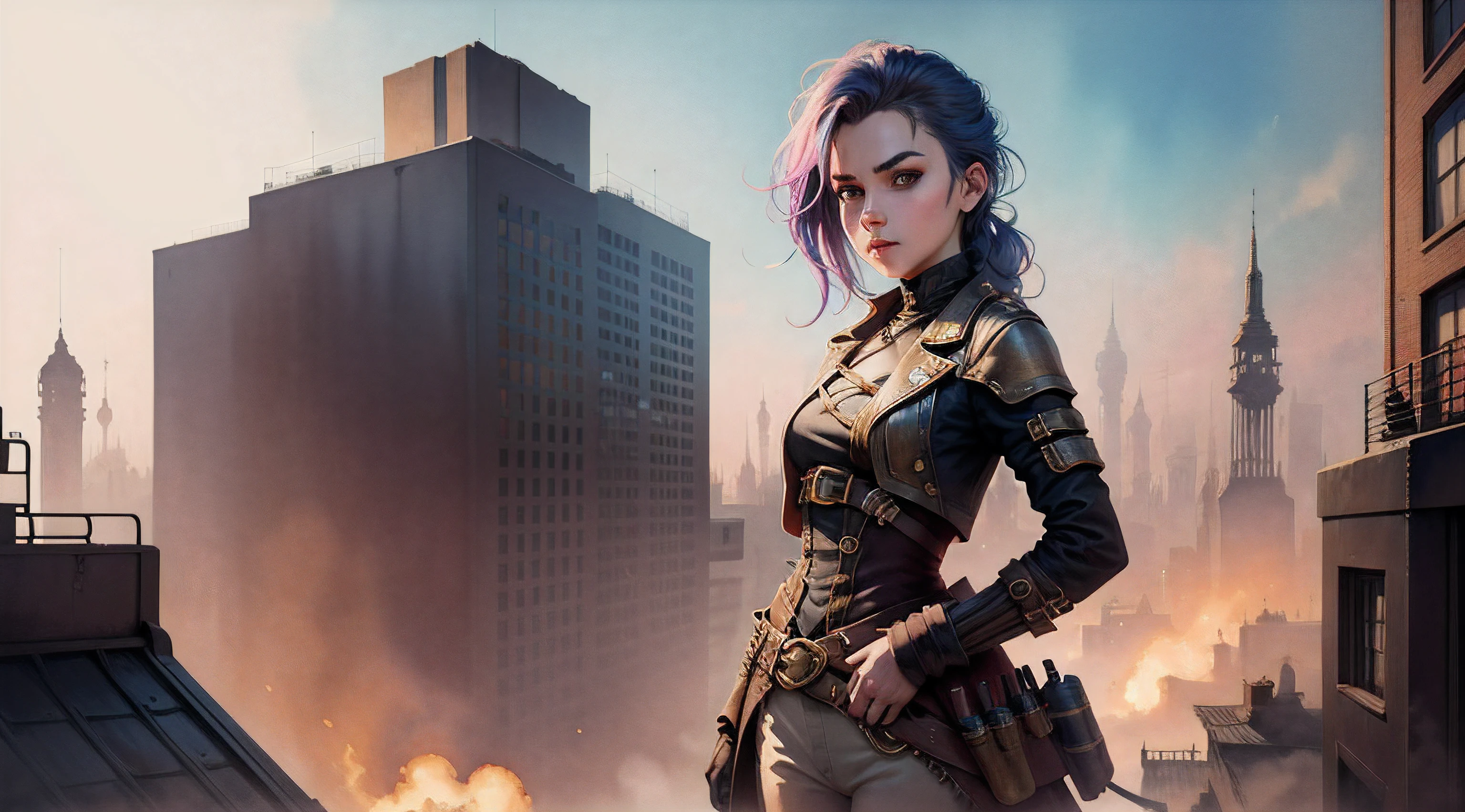 1 girl, portrait, standing on the roof, steampunk city, (watercolor), brush strokes, minimal colors, perspective, vibrance, highres