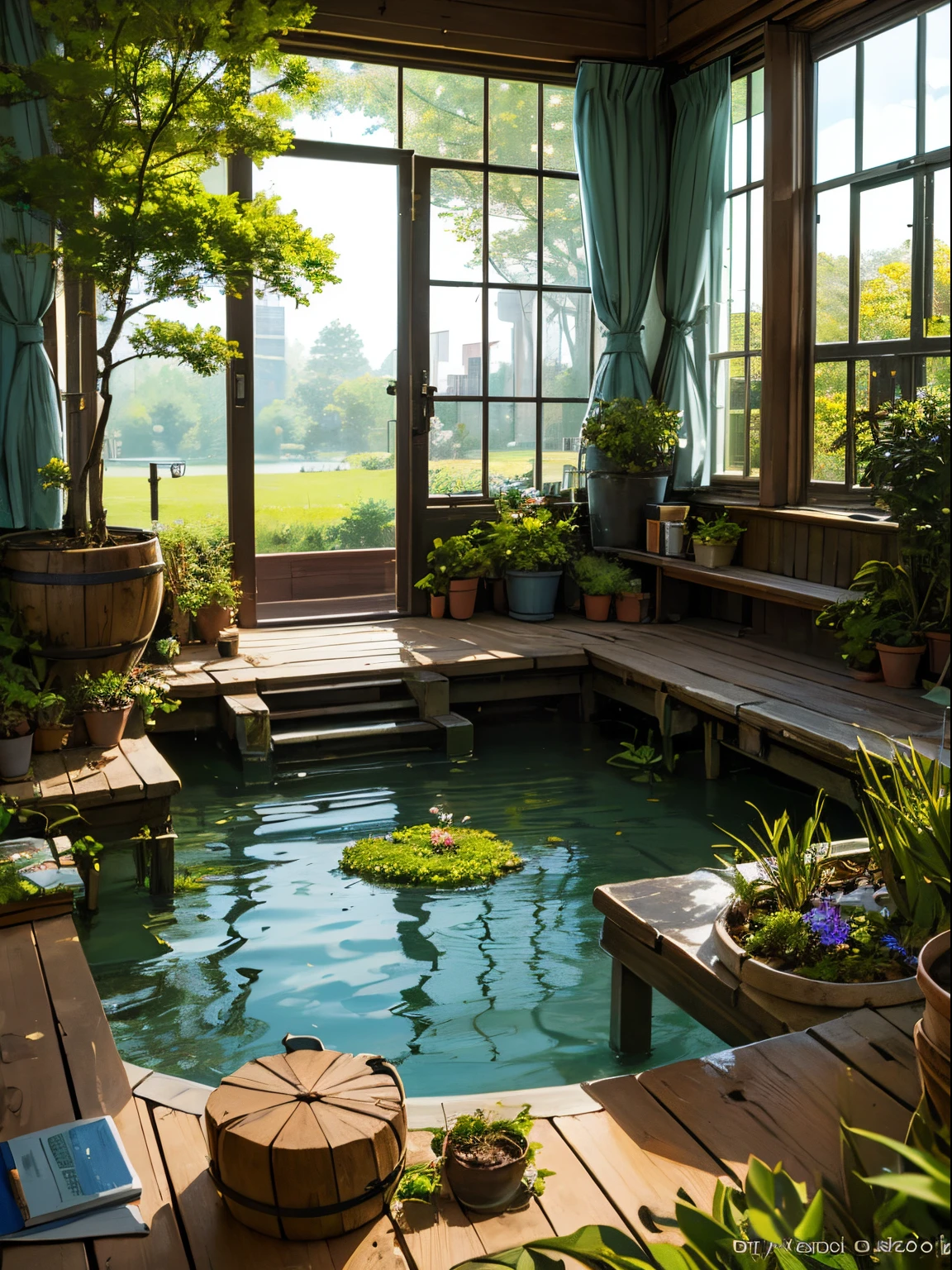 (micro-landscape:1.5),(Best Quality), ((masutepiece)), (hight resolution), Illustration, Original, highly detailed wallpaper, no man, window, Scenery, plant, Water, Potted plants, Outdoors, building, door ,Duan,flower pots,In the daytime,water lily,a chair,florals,a desk,stairway,watermarked,The tree,rays of sunshine,Ponds,grass field,bush,Skysky,railing,study desk,Open Window,shelves,foliage,ladder,buliding,Shadowing,vine,vases,城市,lanthanum,barrel,Burst,Benches,mossy,das boot,barrel, rivers,