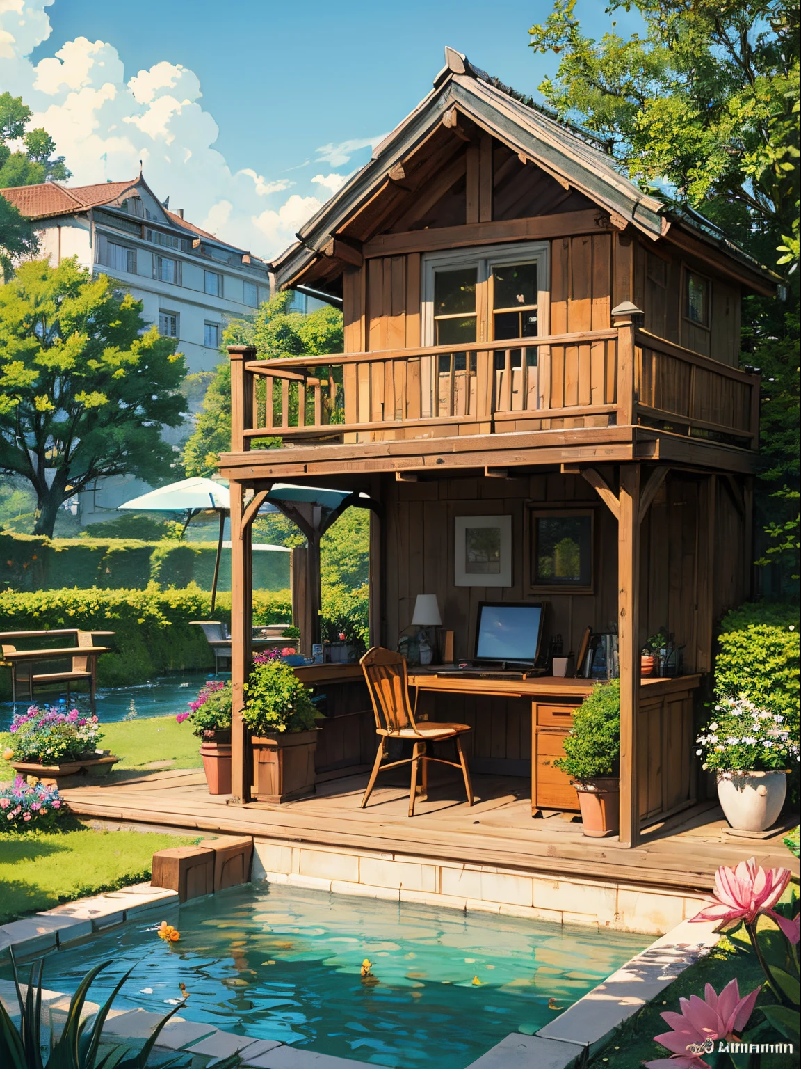 (micro-landscape:1.5),(Best Quality), ((masutepiece)), (hight resolution), Illustration, Original, highly detailed wallpaper, no man, window, Scenery, plant, Water, Potted plants, Outdoors, building, door ,Duan,flower pots,In the daytime,water lily,a chair,florals,a desk,stairway,watermarked,The tree,rays of sunshine,Ponds,grass field,bush,Skysky,railing,study desk,Open Window,shelves,foliage,ladder,buliding,Shadowing,vine,vases,城市,lanthanum,barrel,Burst,Benches,mossy,das boot,barrel, rivers,
