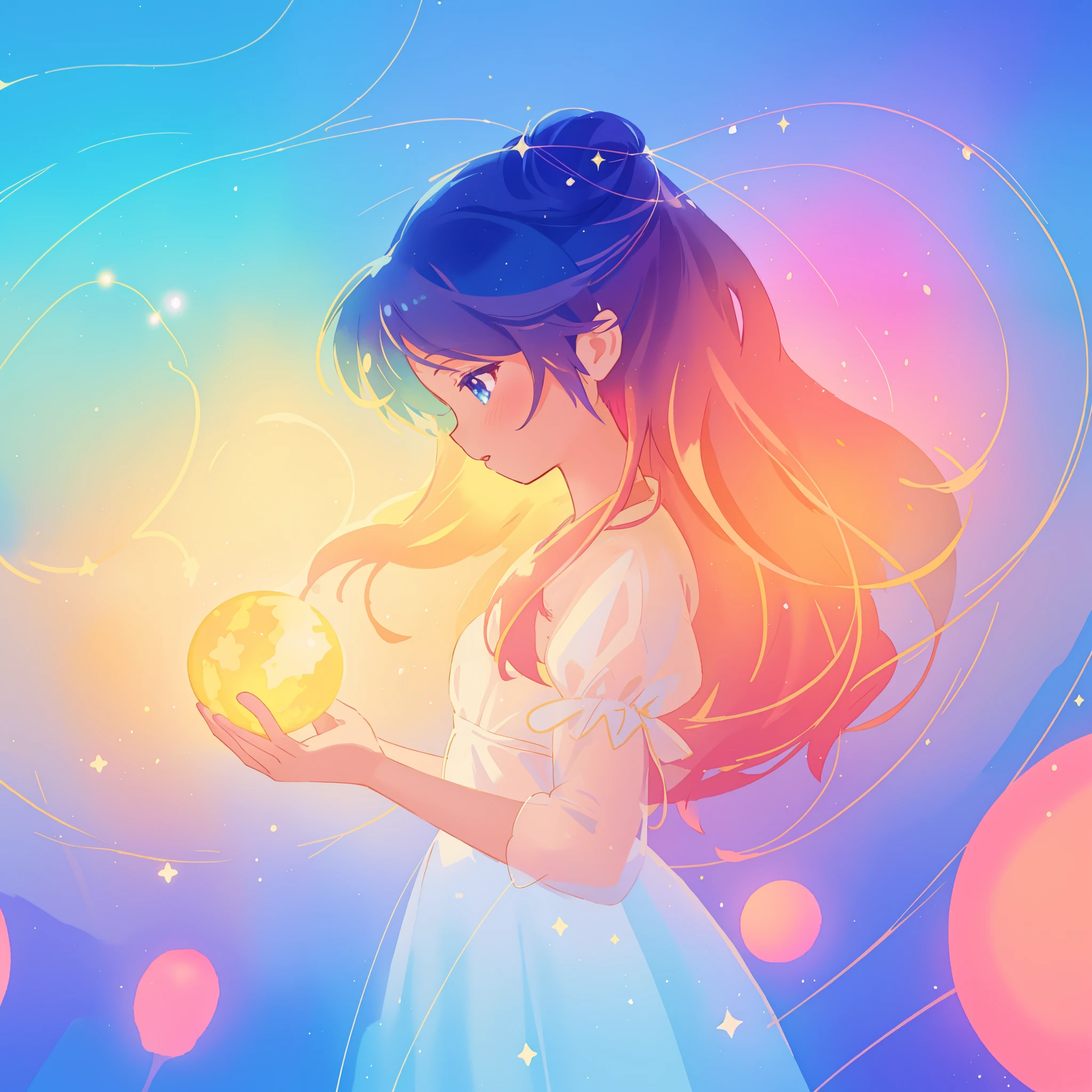 beautiful girl in sparkling white dress holding a glowing gold orb, glowing ballgown, long colorful hair, colorful fantasia background, watercolor illustration, disney art style, glowing aura around her, glowing lights, beautiful digital illustration, fantasia otherworldly landscape plants flowers, beautiful, masterpiece, best quality, anime disney style