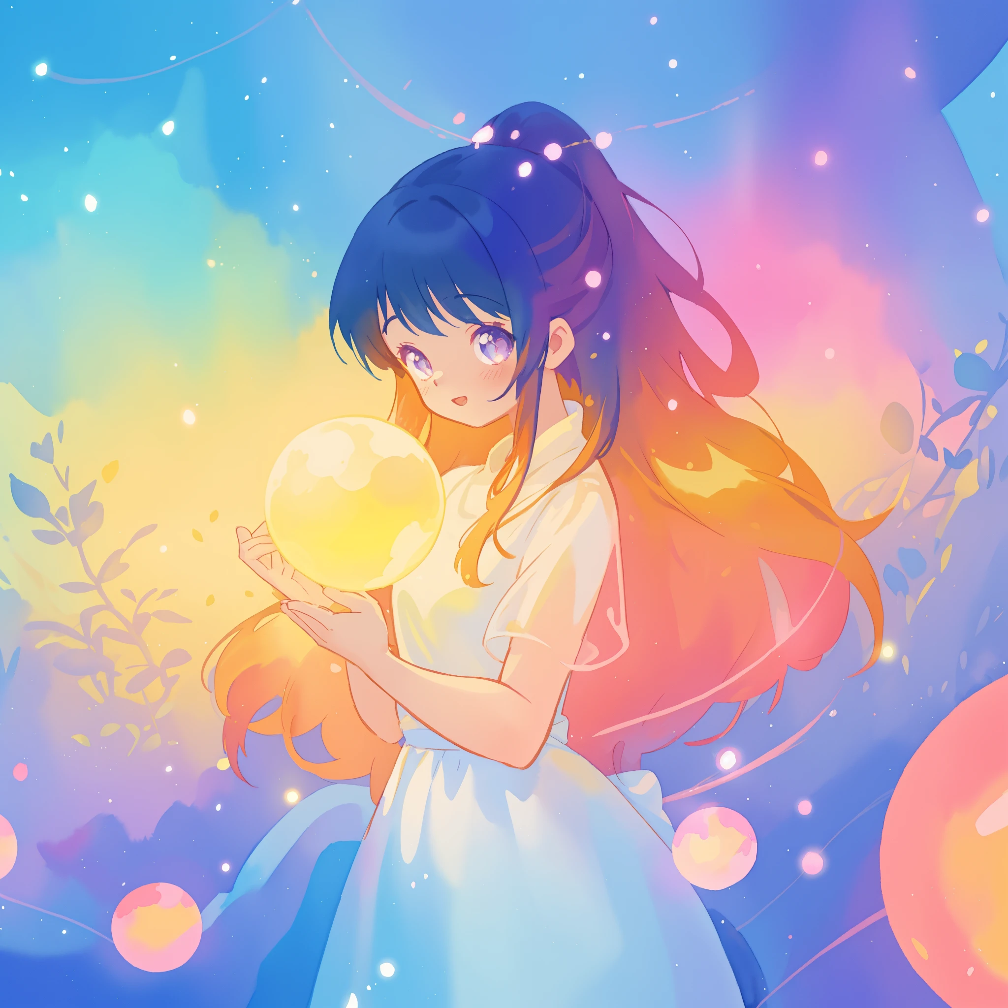 beautiful girl in sparkling white dress holding a glowing gold orb, glowing ballgown, long colorful hair, colorful fantasia background, watercolor illustration, disney art style, glowing aura around her, glowing lights, beautiful digital illustration, fantasia otherworldly landscape plants flowers, beautiful, masterpiece, best quality, anime disney style