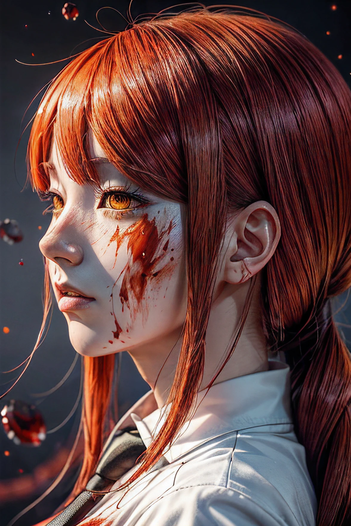 masterpiece, best quality, (extremely detailed CG unity 8k wallpaper, masterpiece, best quality, ultra-detailed, best shadow), (detailed background), (beautiful detailed face, beautiful detailed eyes), High contrast, (best illumination, an extremely delicate and beautiful),1girl,((colourful paint splashes on transparent background, dulux,)), ((caustic)), dynamic angle,beautiful detailed glow,full body, blood splash on face. close up of a woman, anime girl with red hair and a white shirt and tie, a character portrait by Yang J, pixiv, shin hanga, portrait of an anime girl, female anime character, portrait anime girl, portrait of asuka langley soryu, beautiful anime portrait, detailed portrait of anime girl, anime character, realistic anime artstyle, anime girl portrait, anime character portrait, blood on face, sweat face, blood shed