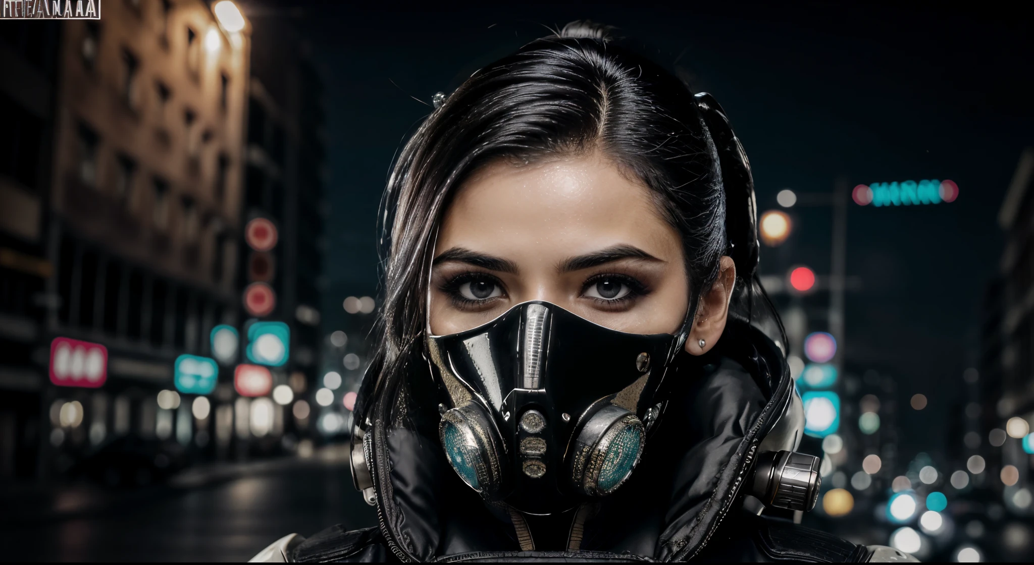 Foto premiada, , Traje cyberpunk, Piel de porcelana agrietada, Un cabello oscuro、 Primer plano, vibrante, Fotorrealistaa, realista, dramatic, turbio, foco nítido, 8k、alto contraste、pose genial、gas mask, Latex-covered face