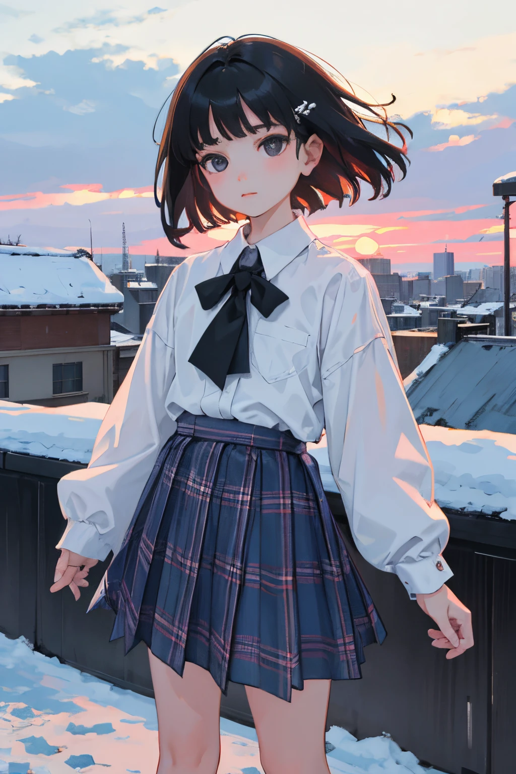(:1.2),(masterpiece,Highest Quality),plaid skirts,A dark-haired,Medium bob,The wind is blowing,On the rooftop,Snow sky