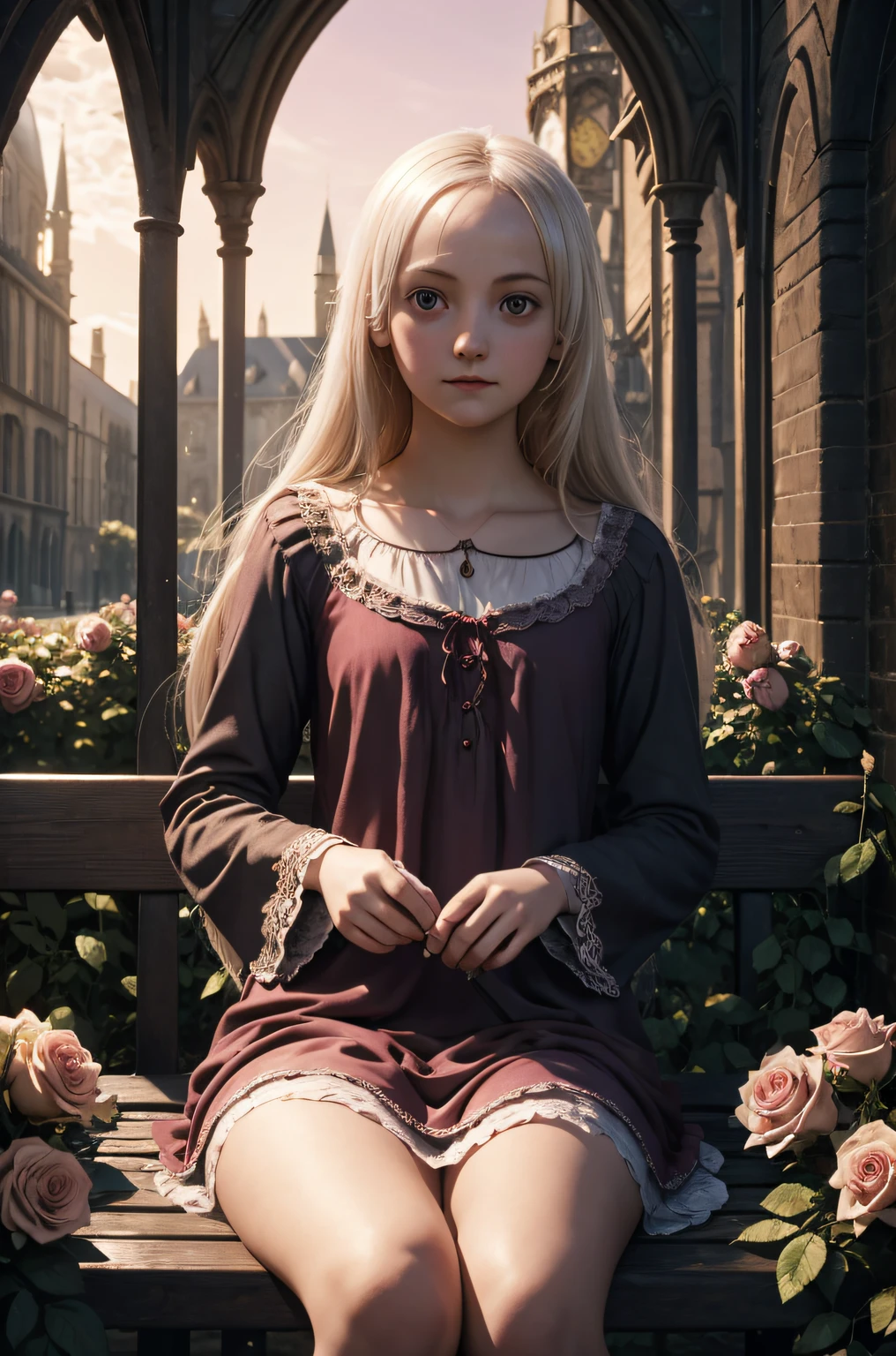 ((Luna Lovegood)), hiding in roses, nightie, (masturbation), bench in the garden, sunset, detailed portrait, textured skin, gothic architecture, backlight, highres, 4k