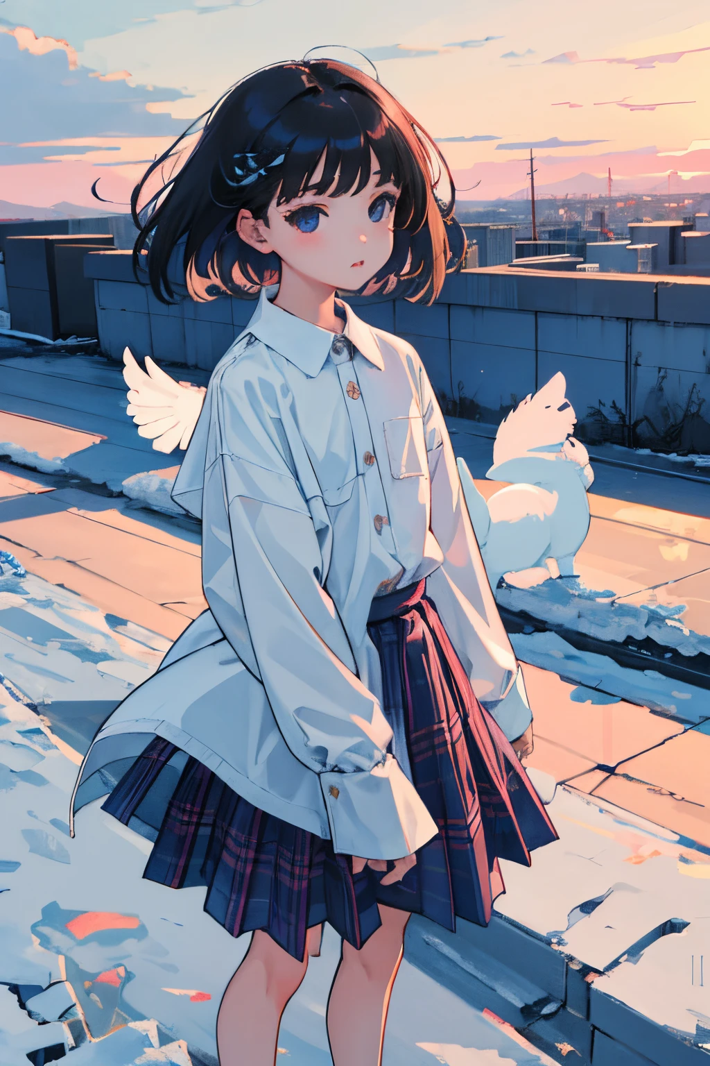 (child:1.2)，（​masterpiece，Highest Quality），plaid skirts，A dark-haired，Medium bob，The wind is blowing，On the rooftop，Snow sky