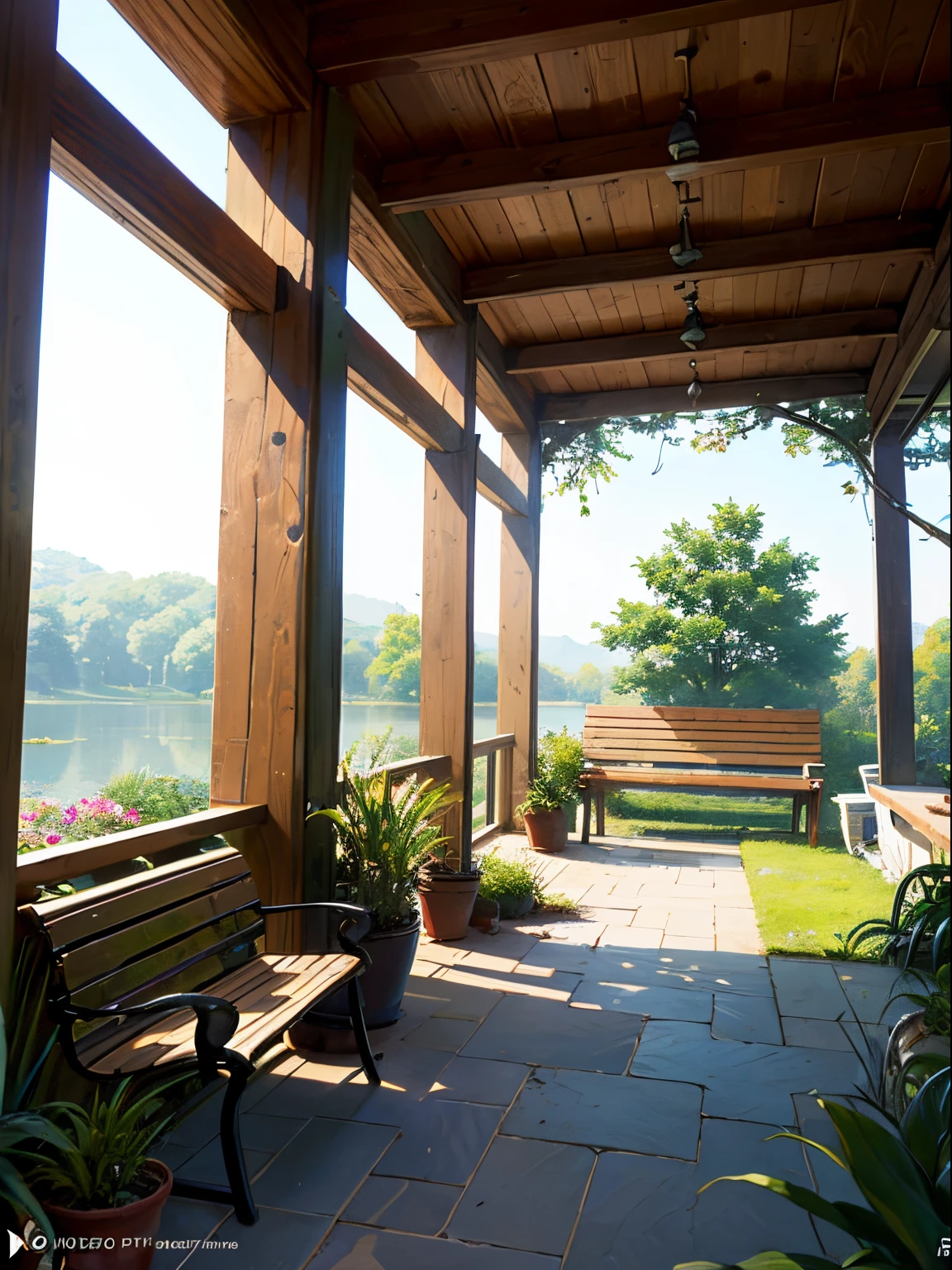 (micro-landscape:1.5),(Best Quality), ((masutepiece)), (hight resolution), Illustration, Original, highly detailed wallpaper, no man, window, Scenery, plant, Water, Potted plants, Outdoors, building, door ，Duan，flower pots，In the daytime，water lily，a chair，florals，a desk，stairway，watermarked，The tree，rays of sunshine，Ponds，grass field，bush，Skysky，railing，study desk，Open Window，shelves，foliage，ladder，buliding，Shadowing，vine，vases，城市，lanthanum，barrel，Burst，Benches，mossy，das boot，barrel, rivers,