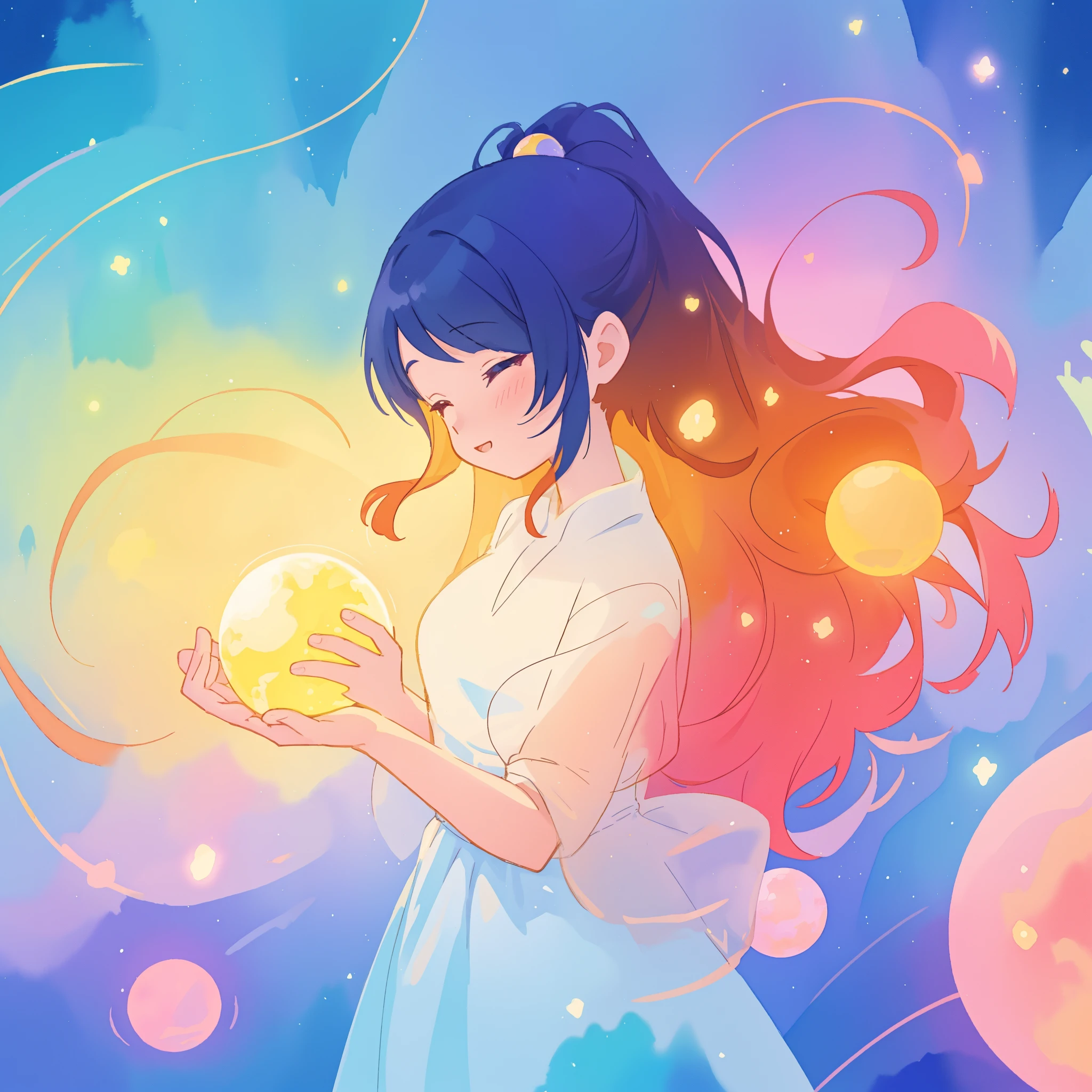 beautiful girl in sparkling white dress holding a glowing gold orb, glowing ballgown, long colorful hair, colorful fantasia background, watercolor illustration, disney art style, glowing aura around her, glowing lights, beautiful digital illustration, fantasia otherworldly landscape plants flowers, beautiful, masterpiece, best quality, anime disney style