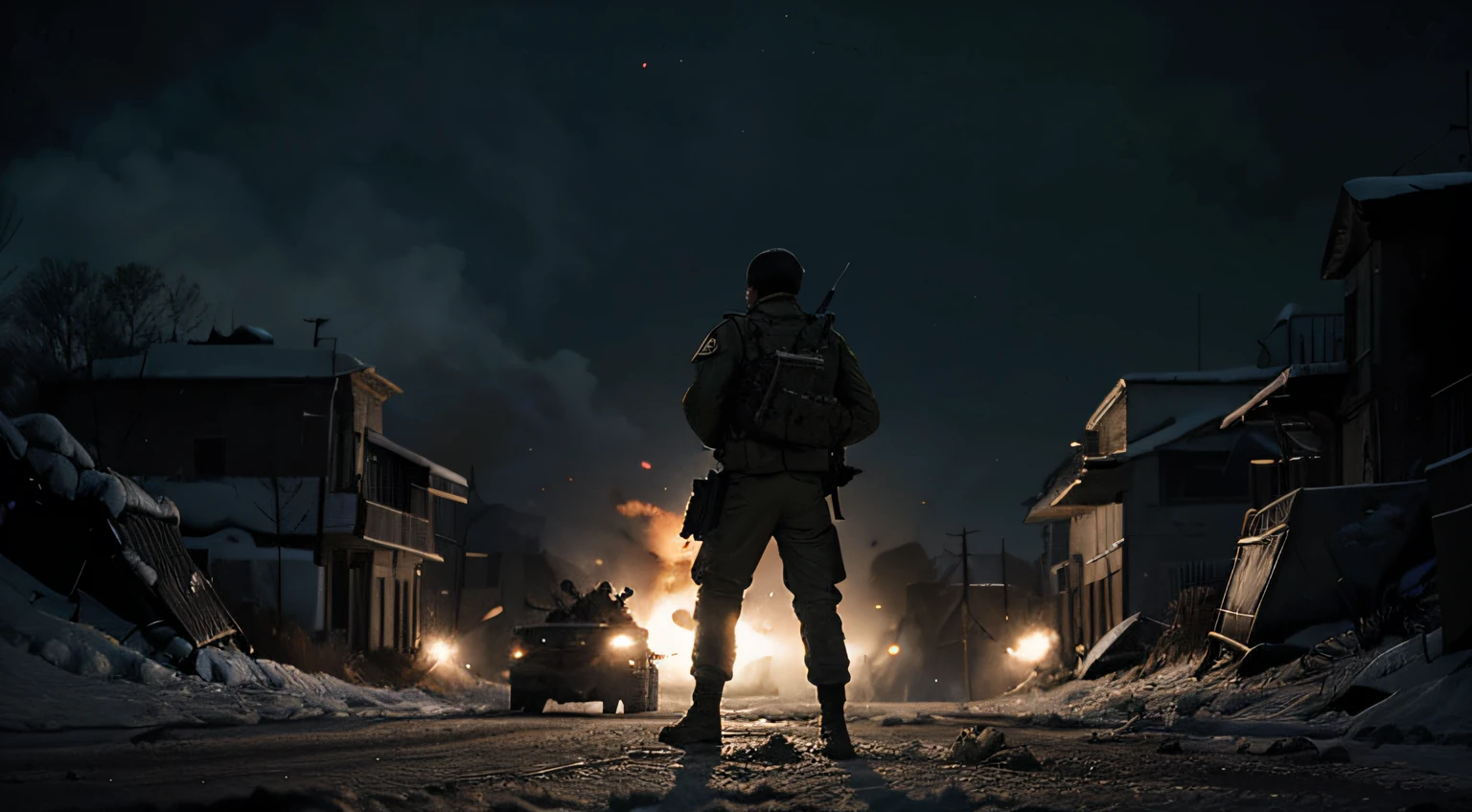 foto realista estilo pantalla de carga para videojuego, dramatic war atmosphere, soldado con equipo militar moderno, dramatic illumination