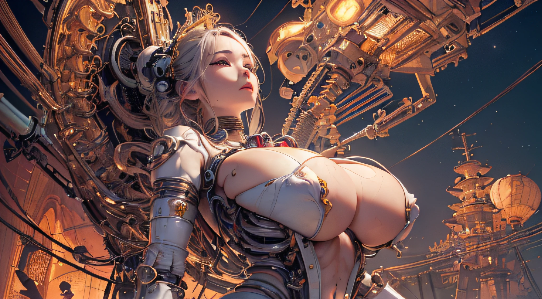 (Masterpiece, top quality, best quality, official art, Beauty and Aesthetics: 1.2), (1 Girl: 1.3), Very Detailed, Colorful, Most Detailed ((Super Detailed)), (Highly Detailed CG Illustration), (Very Delicate and Beautiful), (From the Front), Cinema Light, ((1 Mechanical Girl)), Single, Complete, (Machine-Made Joints: 1.2), ((Mechanical Limbs)), (Many Mechanical Tentacles), (Tied), (True), (Blood Vessels Attached to Tubes), (Mechanical Vertebrae Attached to the Back) ,((thick body:1.8,huge breasts:1.6))((mechanical cervical vertebrae attached to his neck)), (lying on his stomach), (legs open), (expressionless, (wires and cables connected to the neck: 1.2), (wires and cables connected to the head: 1.2) (character focus), science fiction,(mucus: 1.5)(hidden private part)