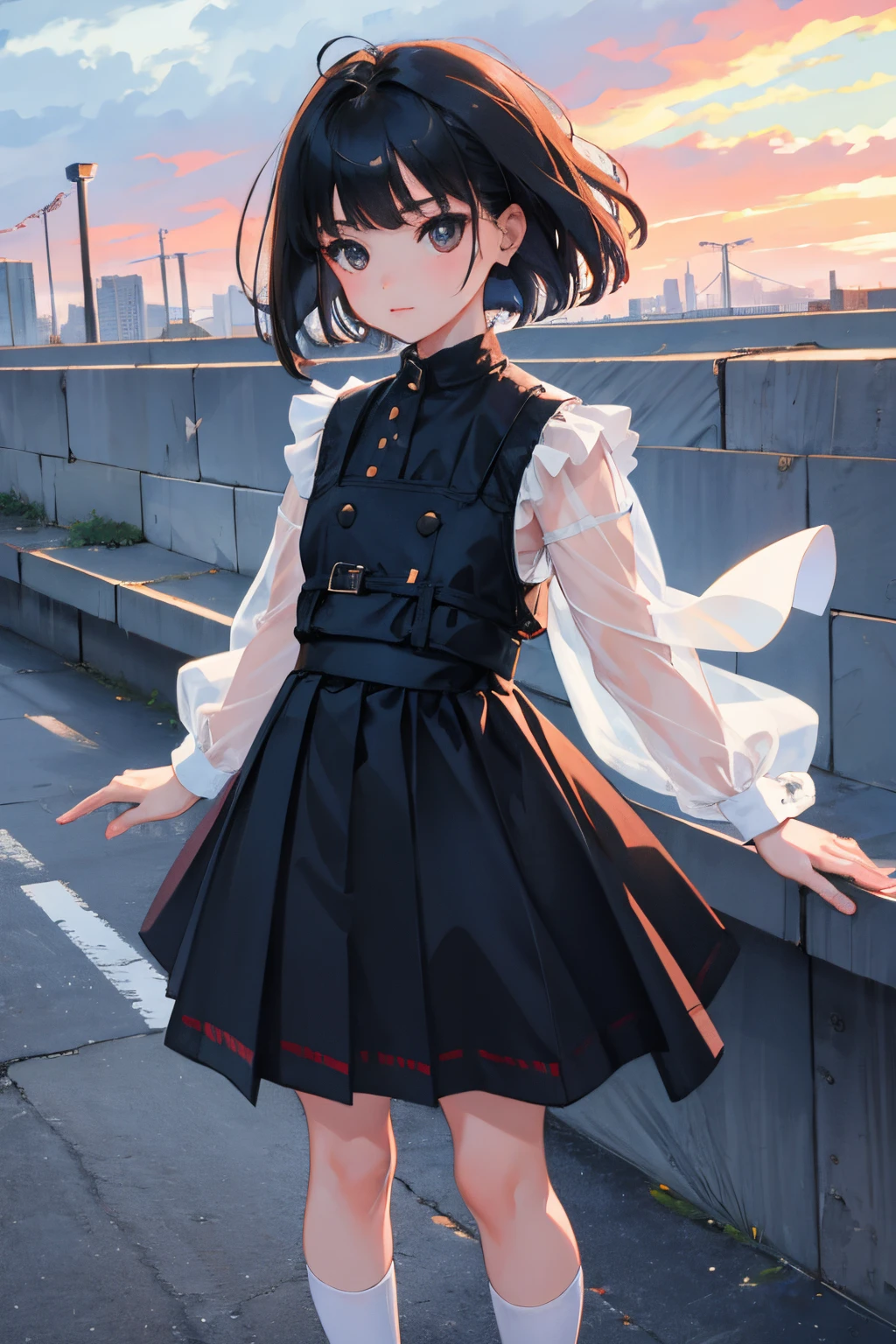 (child:1.2),(masterpiece,Highest Quality),plaid skirts,A dark-haired,Medium bob,The wind is blowing,On the rooftop,Rain sky