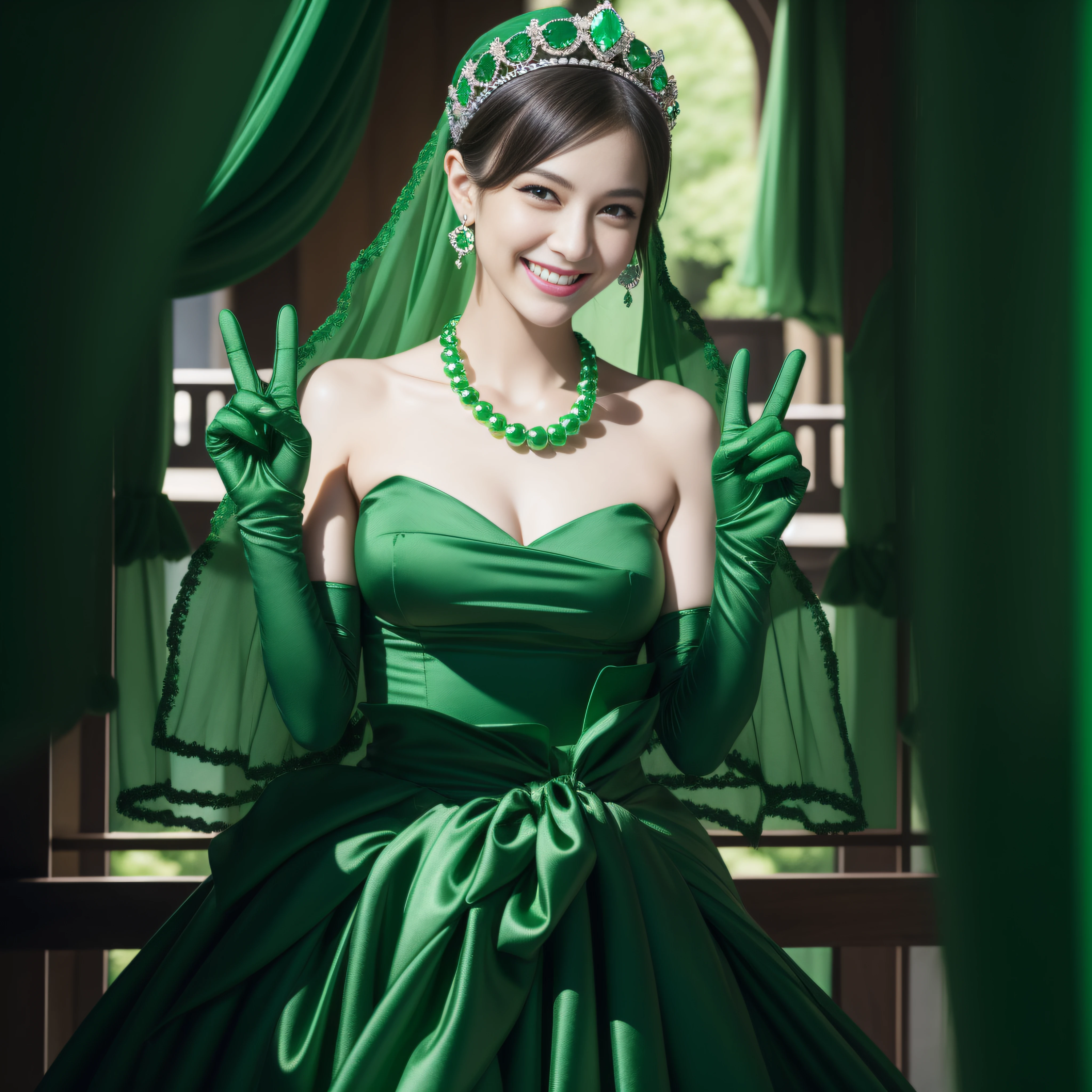 emerald tiara, Green Pearl Necklace, Boyish very short green hair, lipstick, Japan woman smiling, Very short hair, Big beautiful, green eyes, Long green gloves made of satin material, green eyes, Emerald Earrings, green vale, v sign