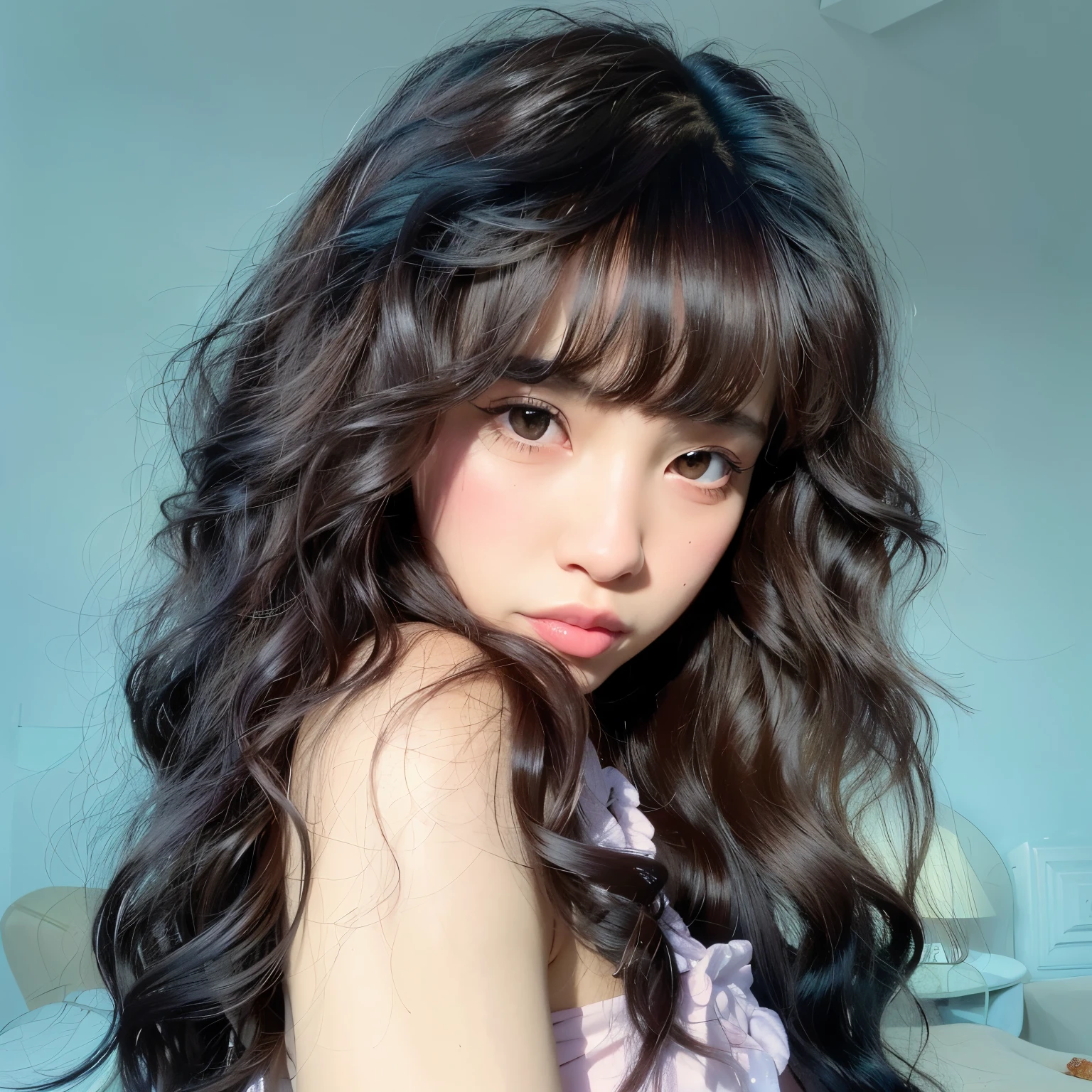 there is a woman with long hair posing for a picture, black wavy hair with bangs, long hair with bangs, long hair with full bangs, bangs and wavy hair, brown long hair with bangs, brown hair with bangs, with long curly hair, ulzzang, brown hair and bangs, vibrant dark wavy hair, curly bangs, with bangs, neat hair with bangs