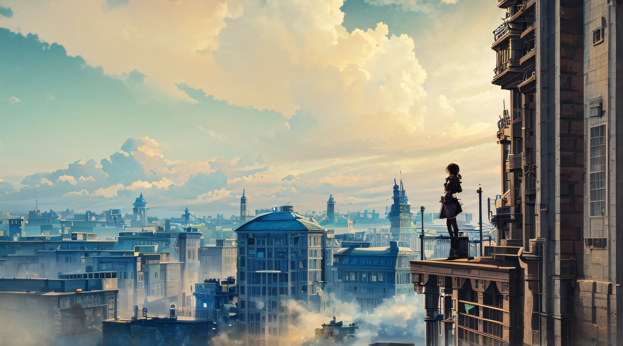 1 girl, standing on the roof, steampunk city, (illustration:1.3), illustration background, panoramic, aquarelle, brush strokes, minimal colors, perspective, highres