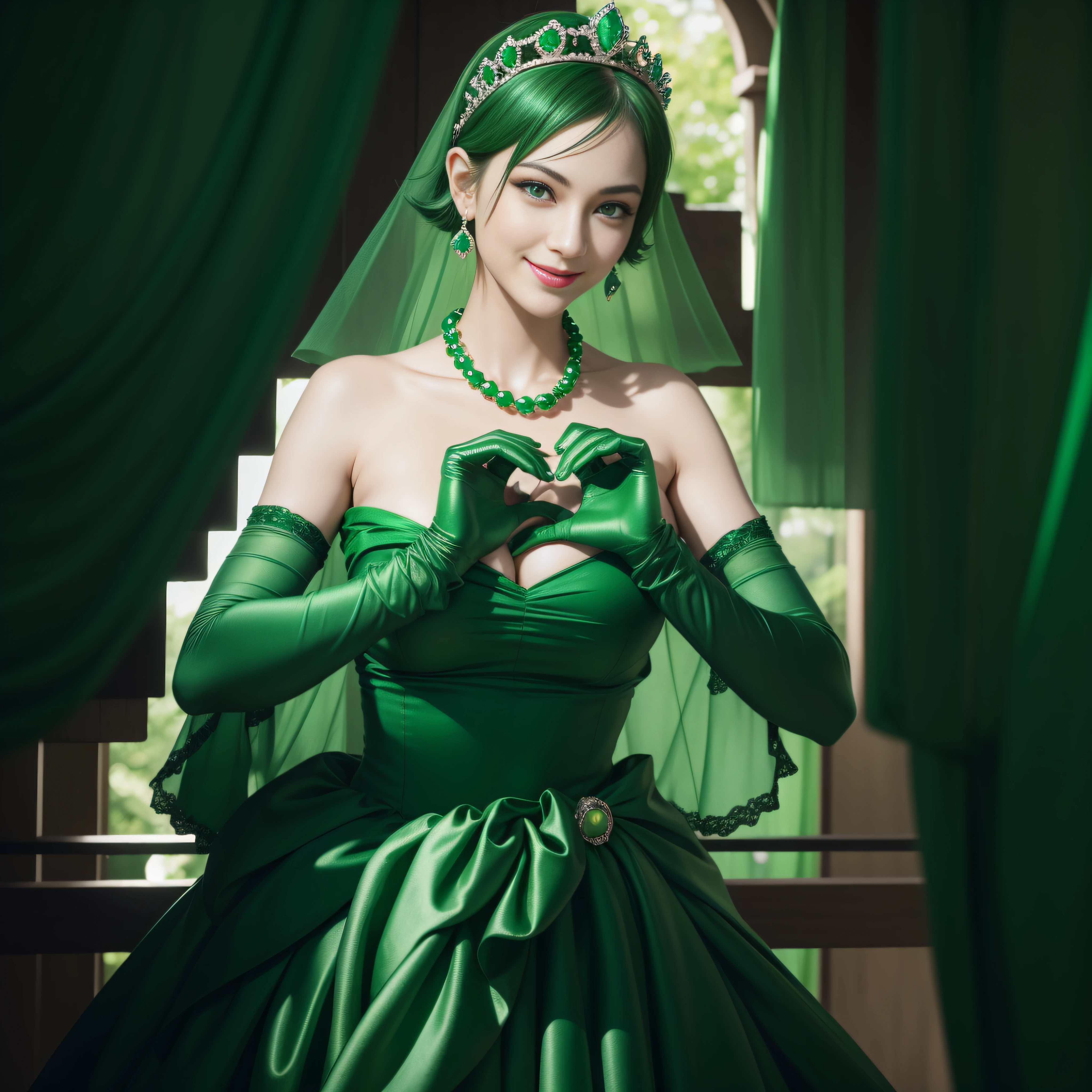 emerald tiara, Green Pearl Necklace, Boyish very short green hair, lipsticks, Japan woman smiling, very short short hair,  big breasts beautiful, Green eyes, Long green gloves made of satin material, Green eyes, Emerald Earrings, green vale, Heart with both hands