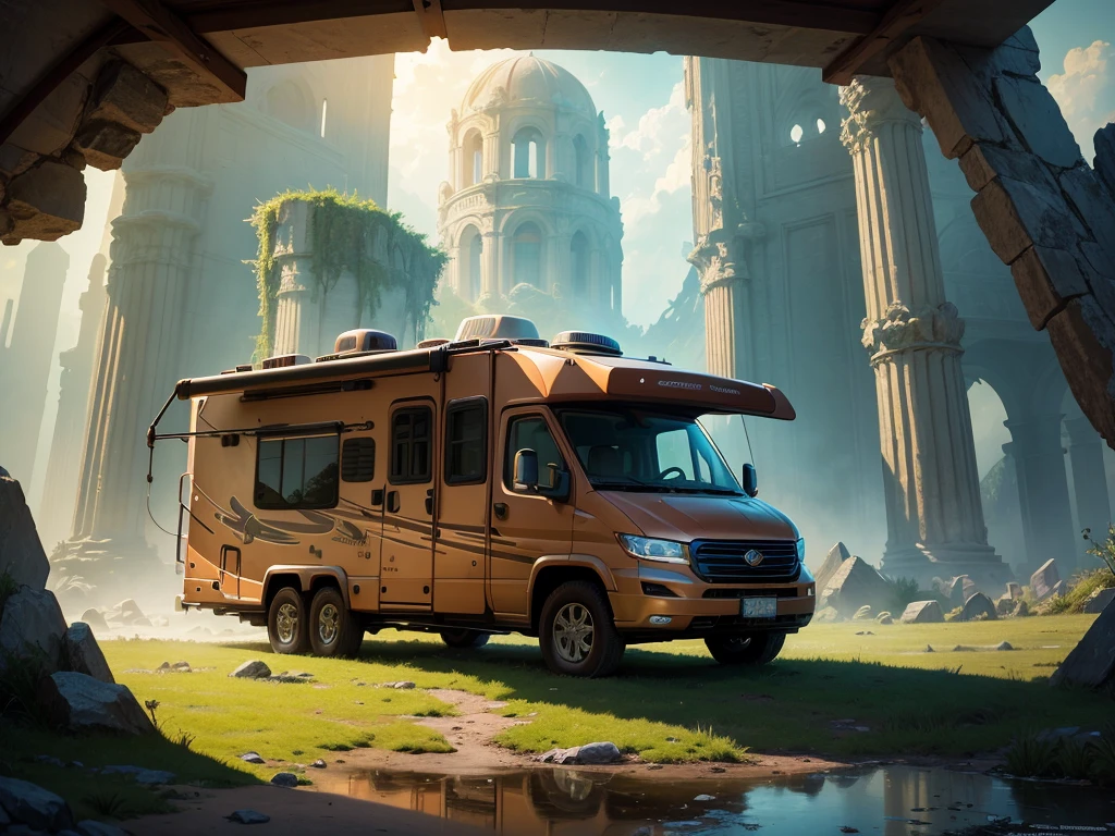 masterpiece, concept art, fantasy theme, (fantasy RV vehicle:1.2), cozy, camping, vibrant color, fantasy mythical ancient ruins background, wild nature, volumetric lighting, global illumination, reflection, HD,