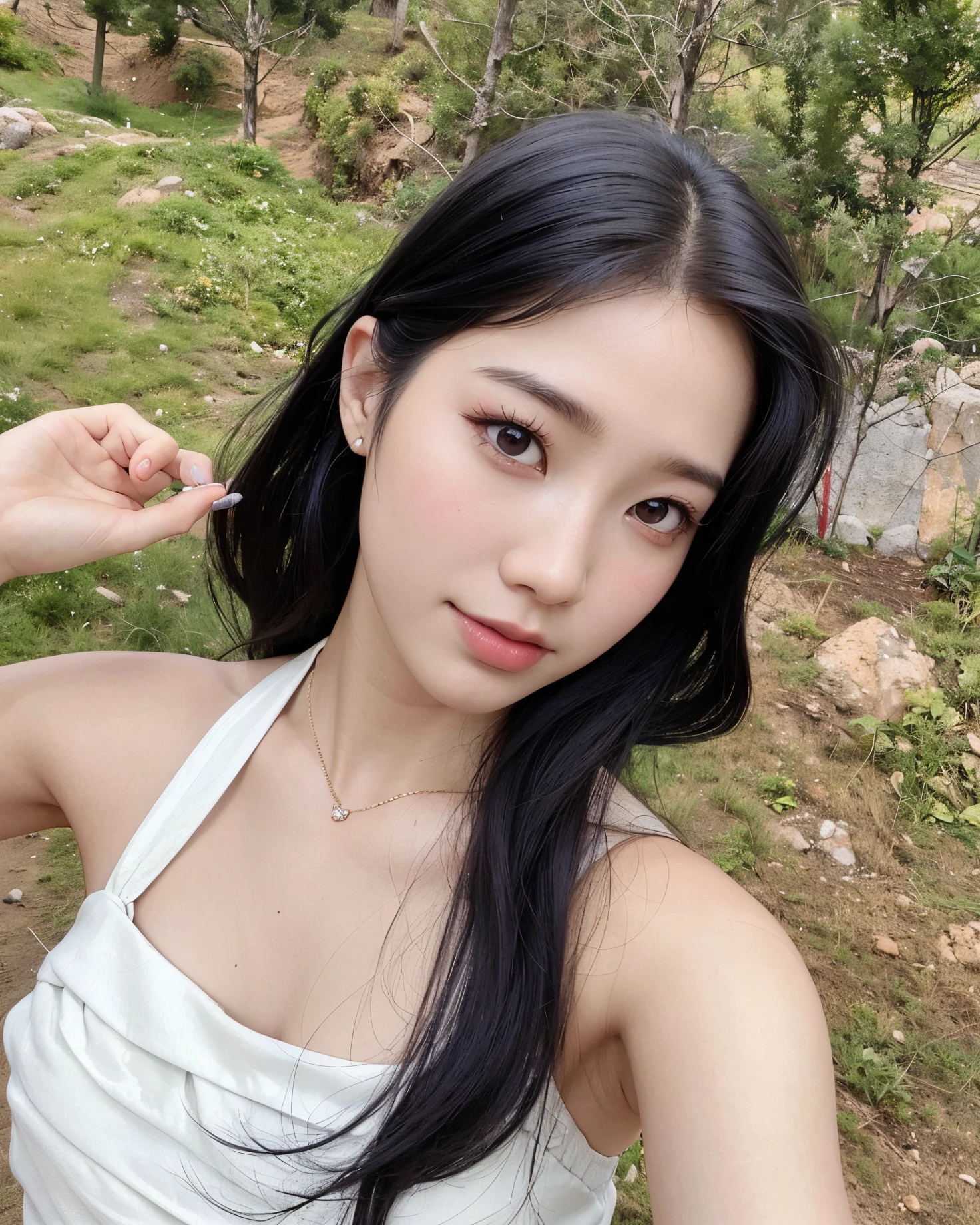 there is a woman who is brushing her hair outside, Jaeyeon Nam, Mulher sul-coreana bonita, linda mulher coreana jovem, mulher coreana jovem bonita, Jinyoung Canela, coreana, Heonhwa Choe, Wenfei Ye, young adorable korean face, Xision Wu, young cute wan asian face, Lee Ji - Eun, Lee Ji-eun, Gongbi