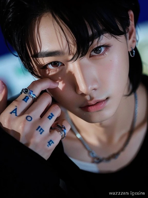 Asian man with tattoos on his hands and a ring on his finger, Cai Xukun, Jungkook, Canela, Hyung Tae, TaeJune Kim, jinyoung shin aesthetic, inspirado em Bian Shoumin, olhos claros penetrantes, Wonbin Lee, Ulzzang macho, olhos brilhantes penetrantes, Principais visuais de anime, Hong June Hyung